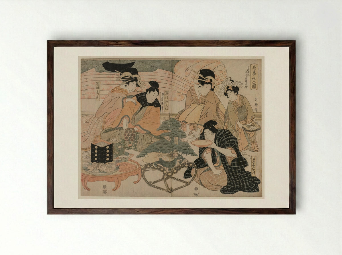 Picture of the First Visit to the Pleasure Quarters - Kitagawa Tsukimaro - Framed Print Dark Wood