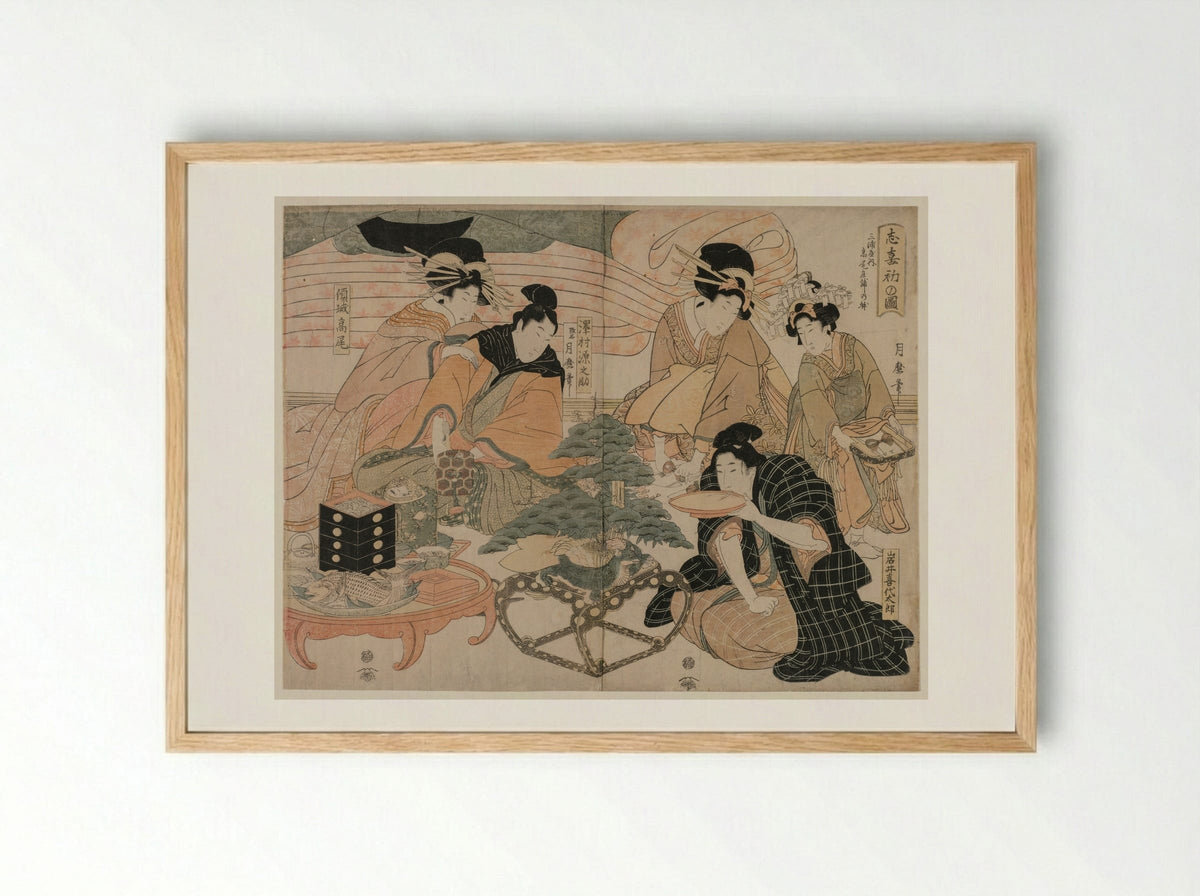 Picture of the First Visit to the Pleasure Quarters - Kitagawa Tsukimaro - Framed Print Wood