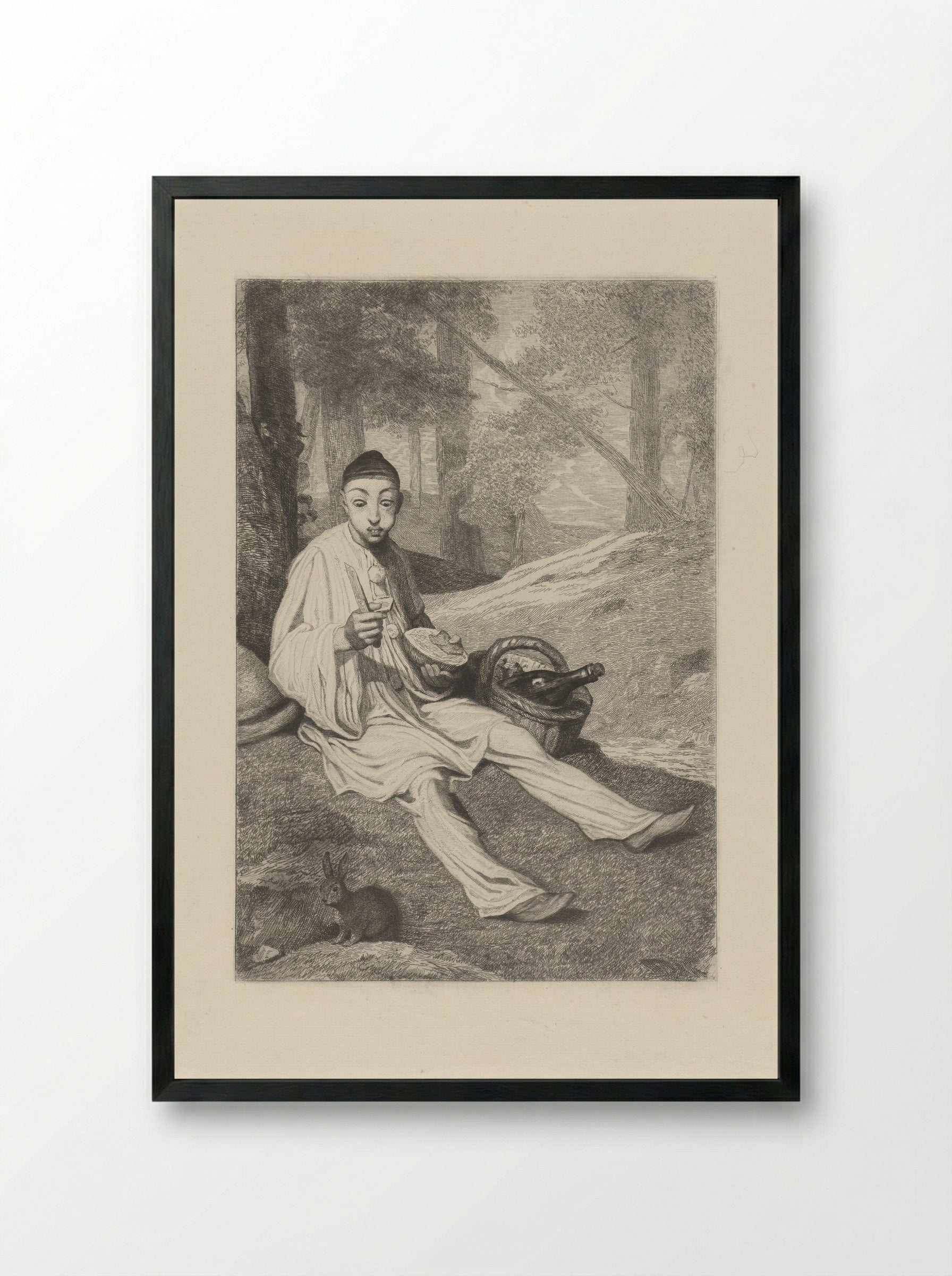 Pierrot and a Rabbit in a Landscape - Ferdinand Leenhoff - Framed Print Black