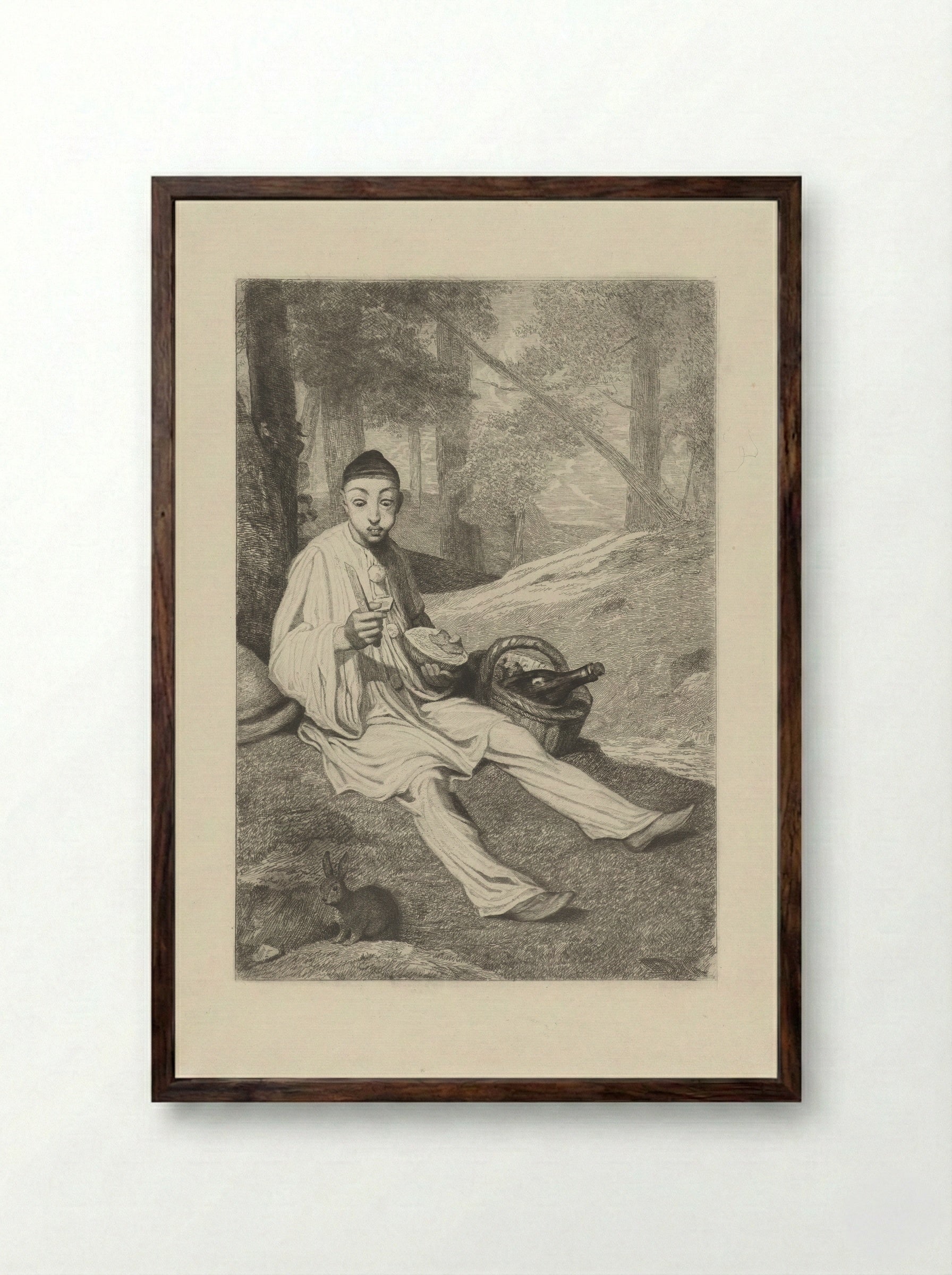 Pierrot and a Rabbit in a Landscape - Ferdinand Leenhoff - Framed Print Dark Wood
