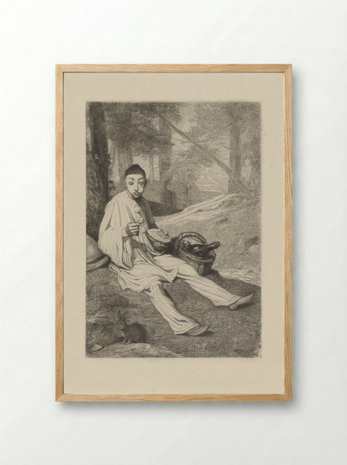 Pierrot and a Rabbit in a Landscape - Ferdinand Leenhoff - Framed Print Wood