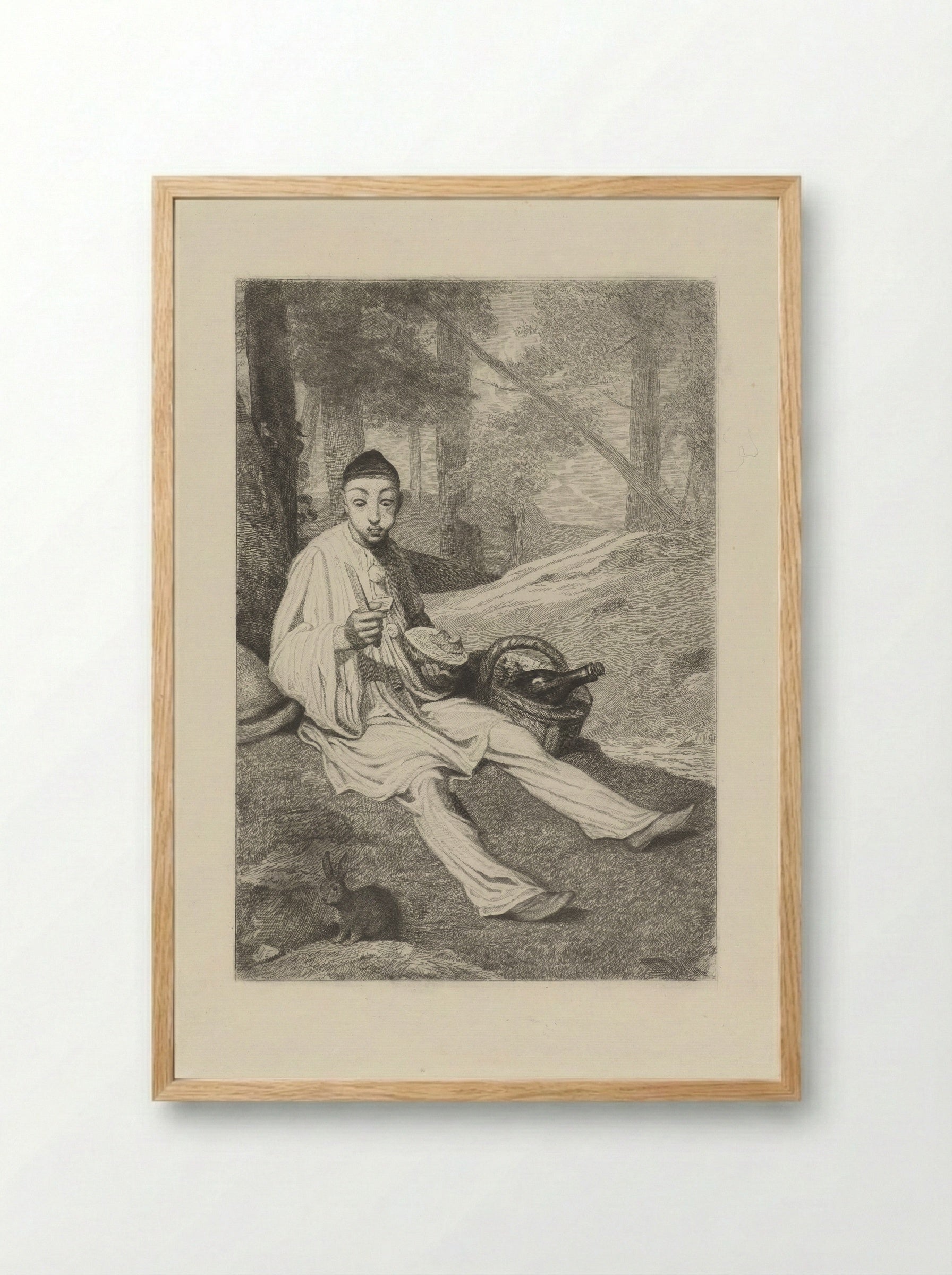 Pierrot and a Rabbit in a Landscape - Ferdinand Leenhoff - Framed Print Wood