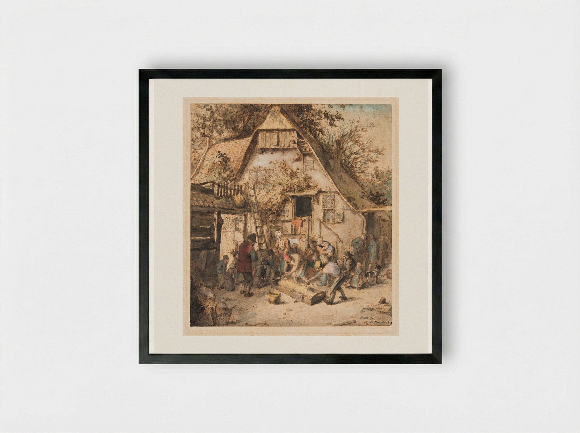 Pig Slaughtering in a Peasant Courtyard - Adriaen van Ostade - Framed Print Black