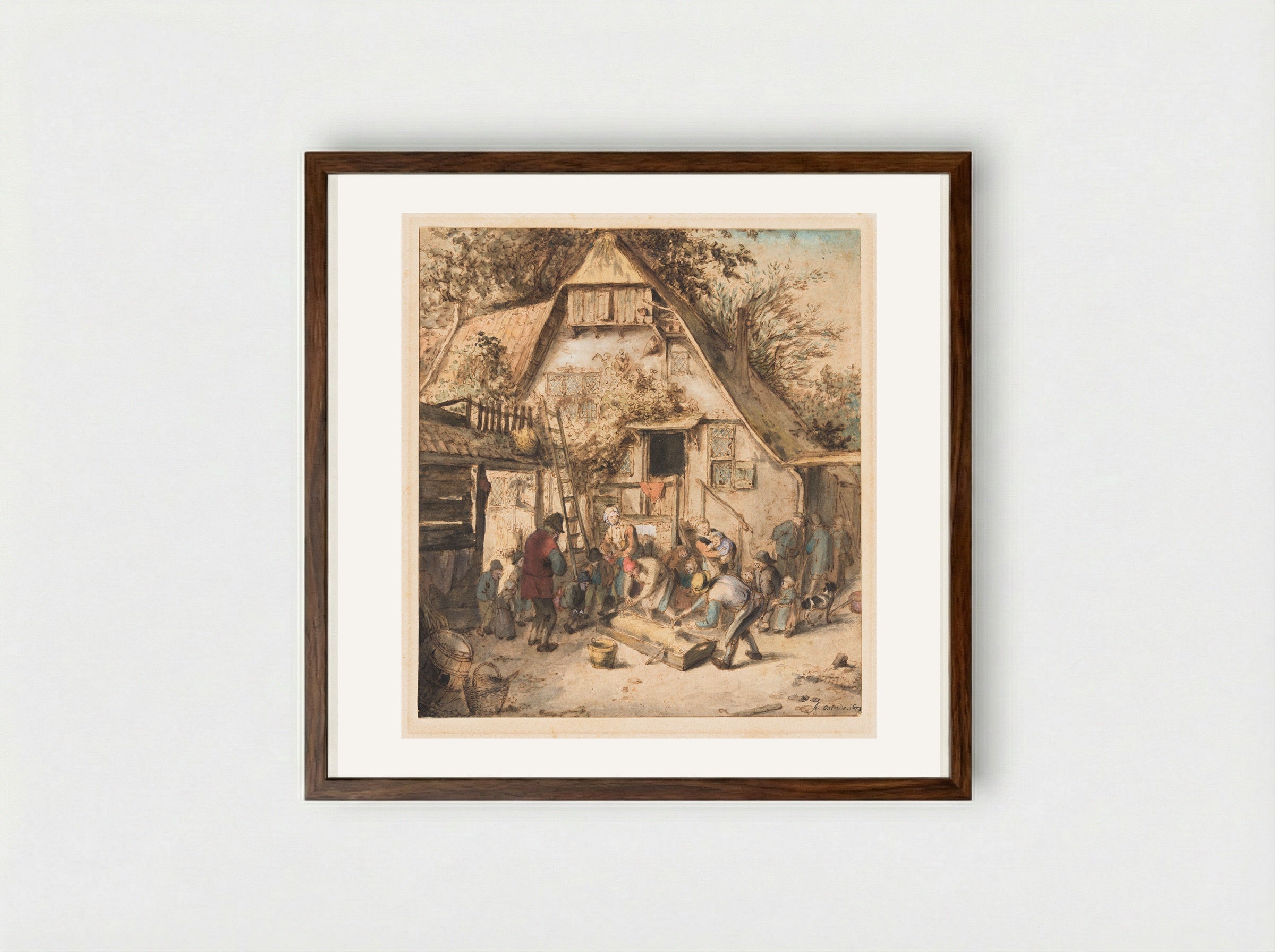 Pig Slaughtering in a Peasant Courtyard - Adriaen van Ostade - Framed Print Dark Wood