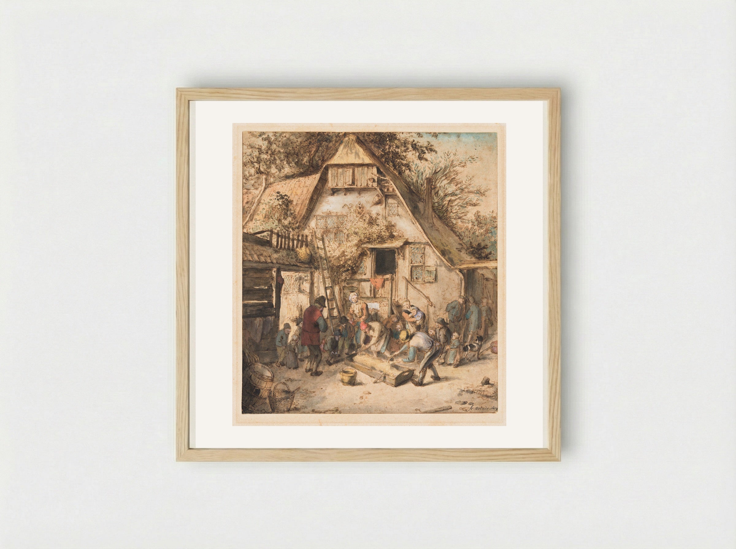 Pig Slaughtering in a Peasant Courtyard - Adriaen van Ostade - Framed Print Wood