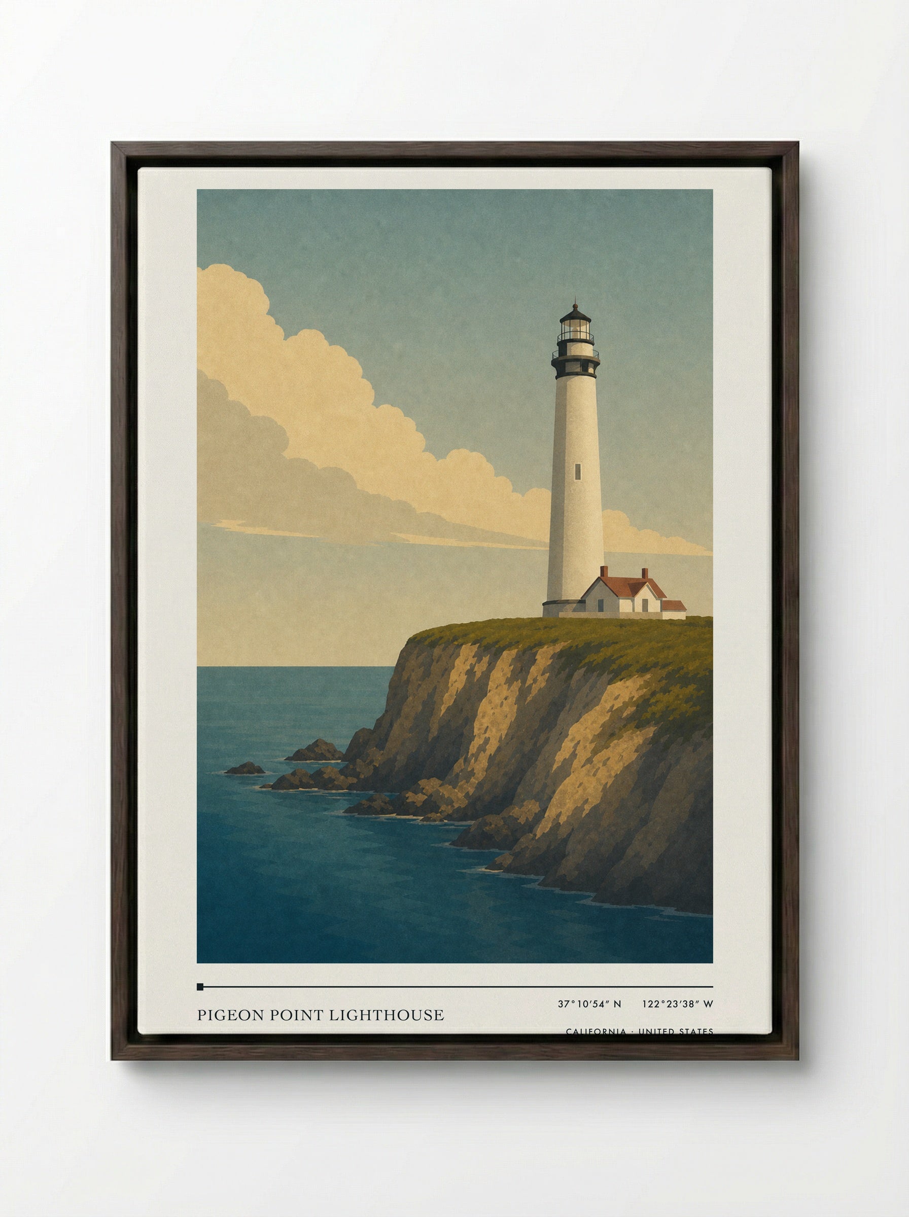 Pigeon Point Lighthouse Travel Poster Artwork - Framed Canvas Dark Wood