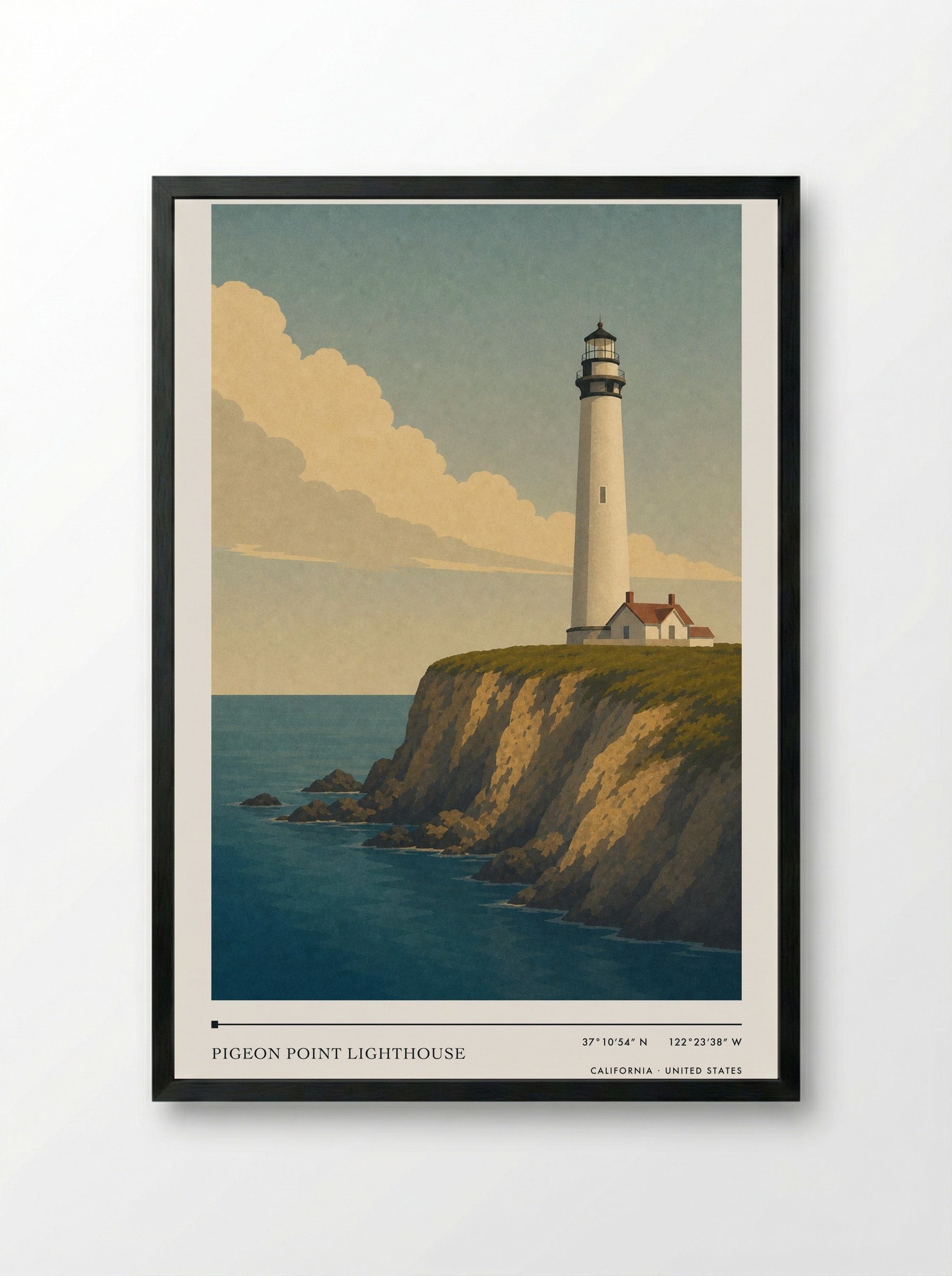 Pigeon Point Lighthouse Travel Poster Artwork - Framed Print Black