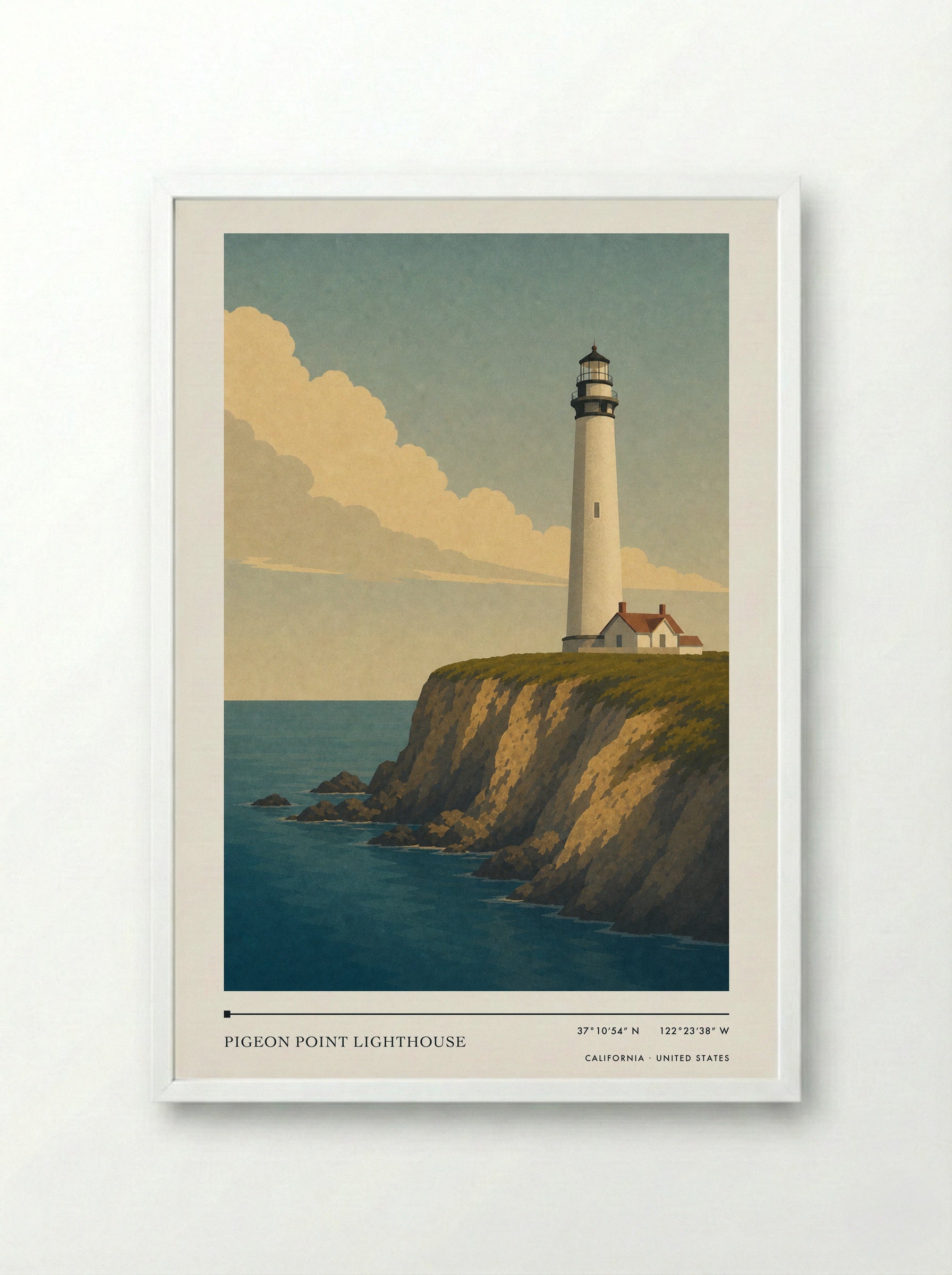 Pigeon Point Lighthouse Travel Poster Artwork - Framed Print White