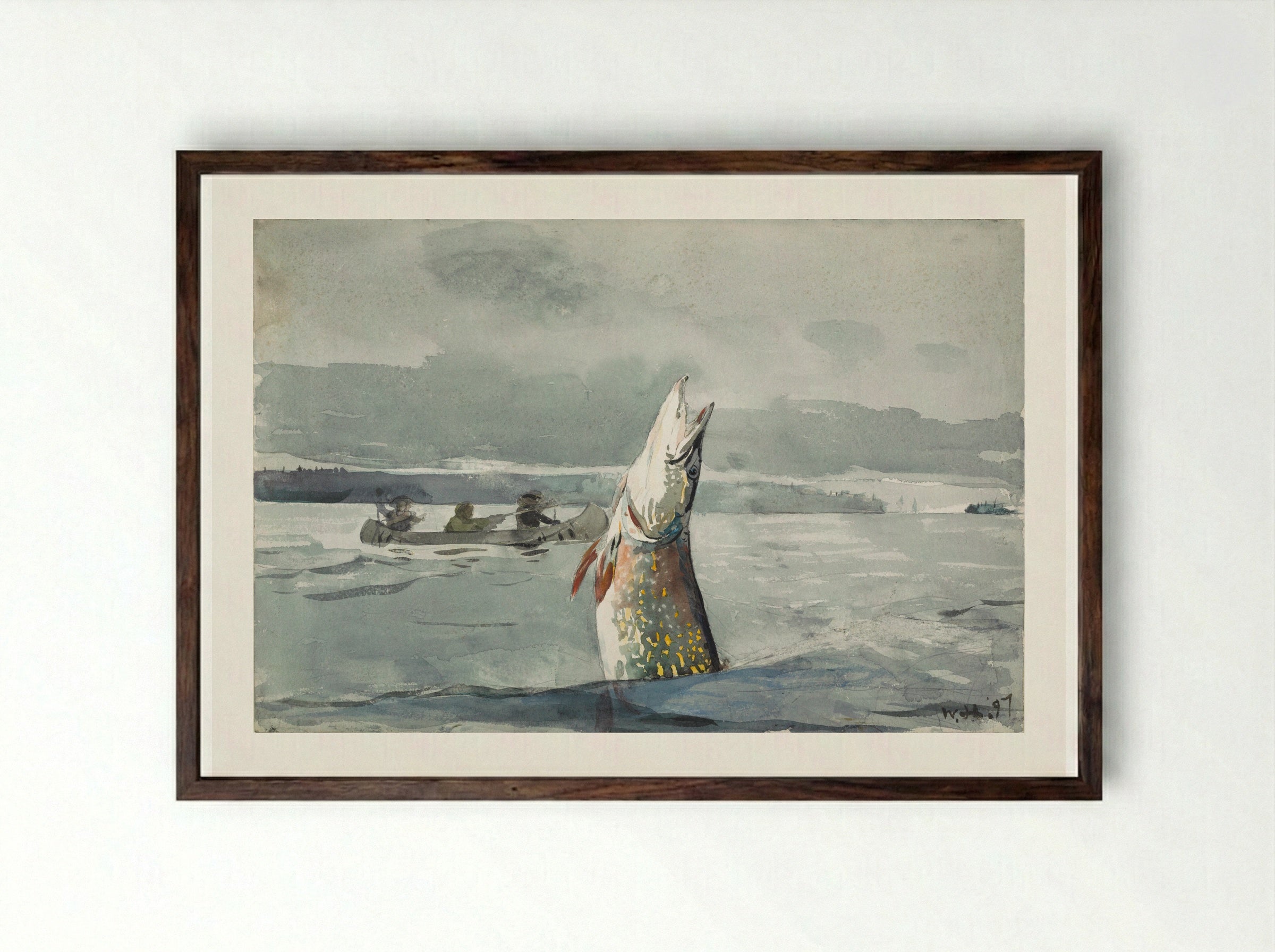 Pike, Lake St. John (Ouananiche Fishing) - Winslow Homer - Framed Print Dark Wood