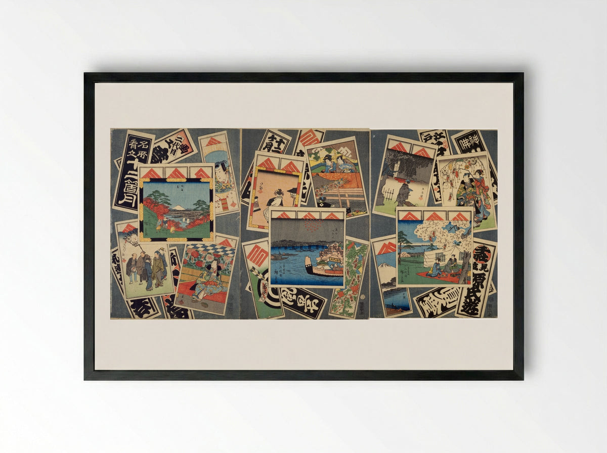 Pilgrims Resting Under Tall Trees with Mount Fuji in the Distance - Utagawa Hiroshige II - Framed Print Black