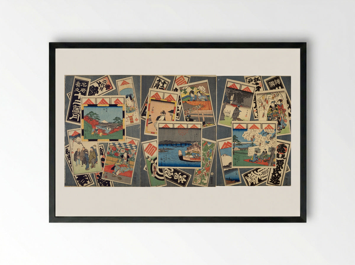 Pilgrims Resting Under Tall Trees with Mount Fuji in the Distance - Utagawa Hiroshige II - Framed Print Black
