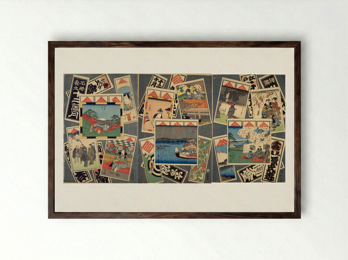 Pilgrims Resting Under Tall Trees with Mount Fuji in the Distance - Utagawa Hiroshige II - Framed Print Dark Wood