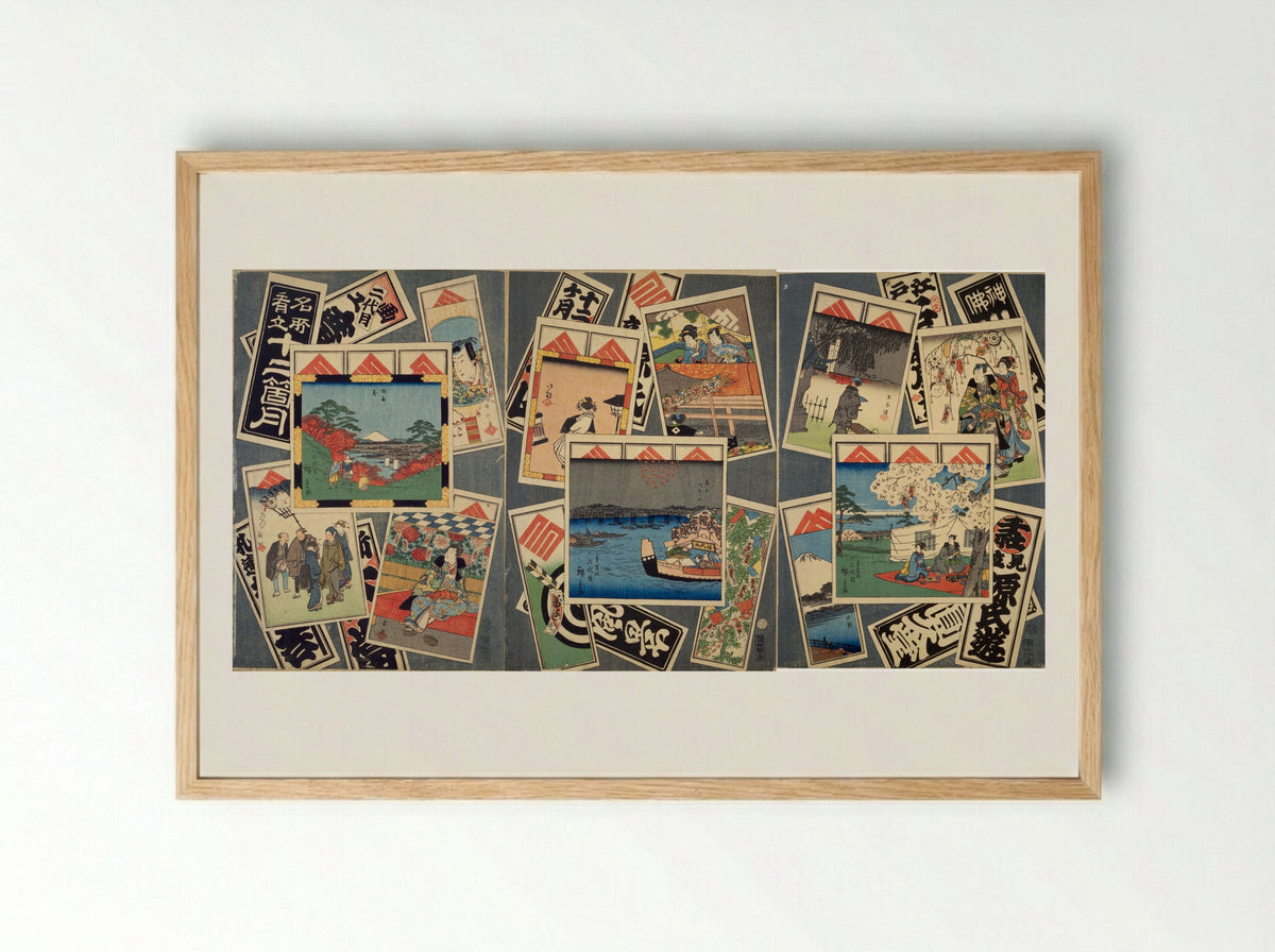 Pilgrims Resting Under Tall Trees with Mount Fuji in the Distance - Utagawa Hiroshige II - Framed Print Wood