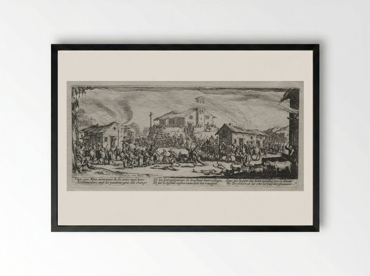 Pillage and Burning of a Village - Jacques Callot - Framed Print Black