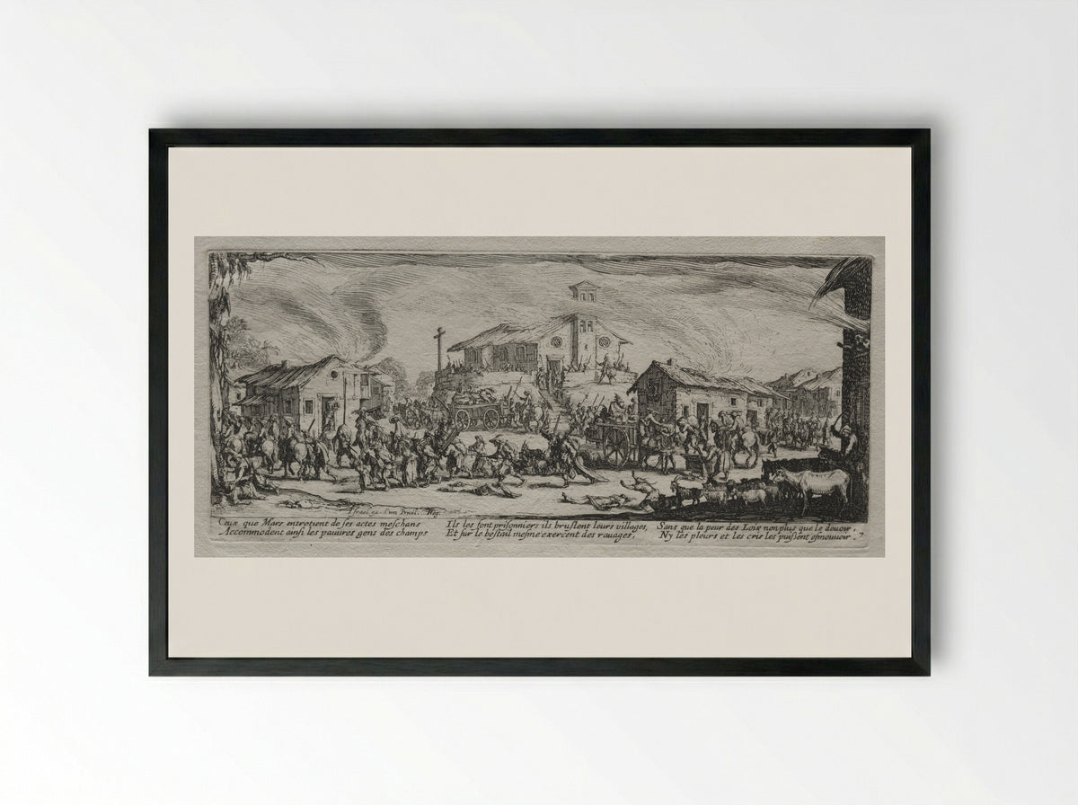 Pillage and Burning of a Village - Jacques Callot - Framed Print Black