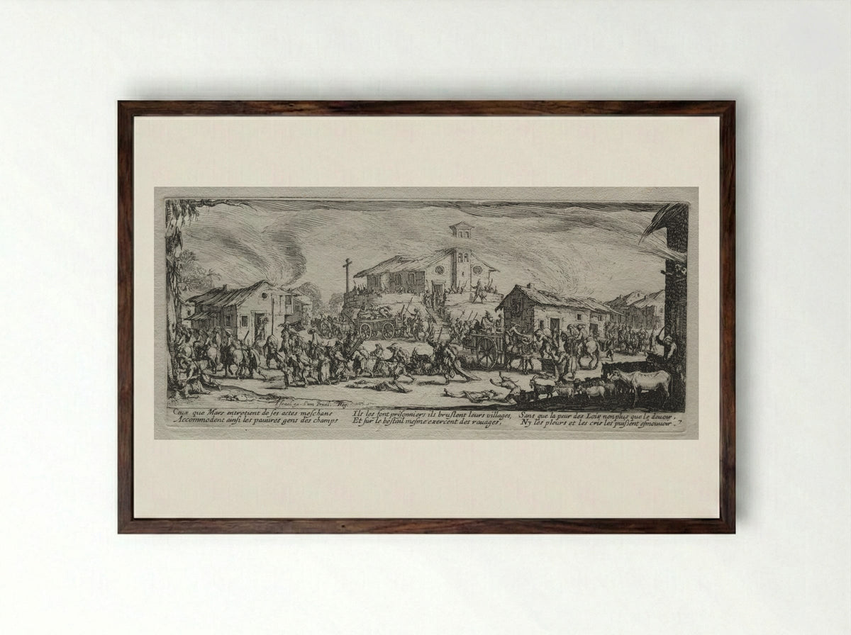 Pillage and Burning of a Village - Jacques Callot - Framed Print Dark Wood