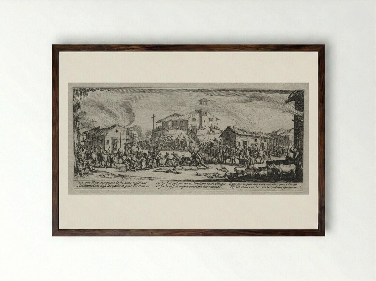 Pillage and Burning of a Village - Jacques Callot - Framed Print Dark Wood