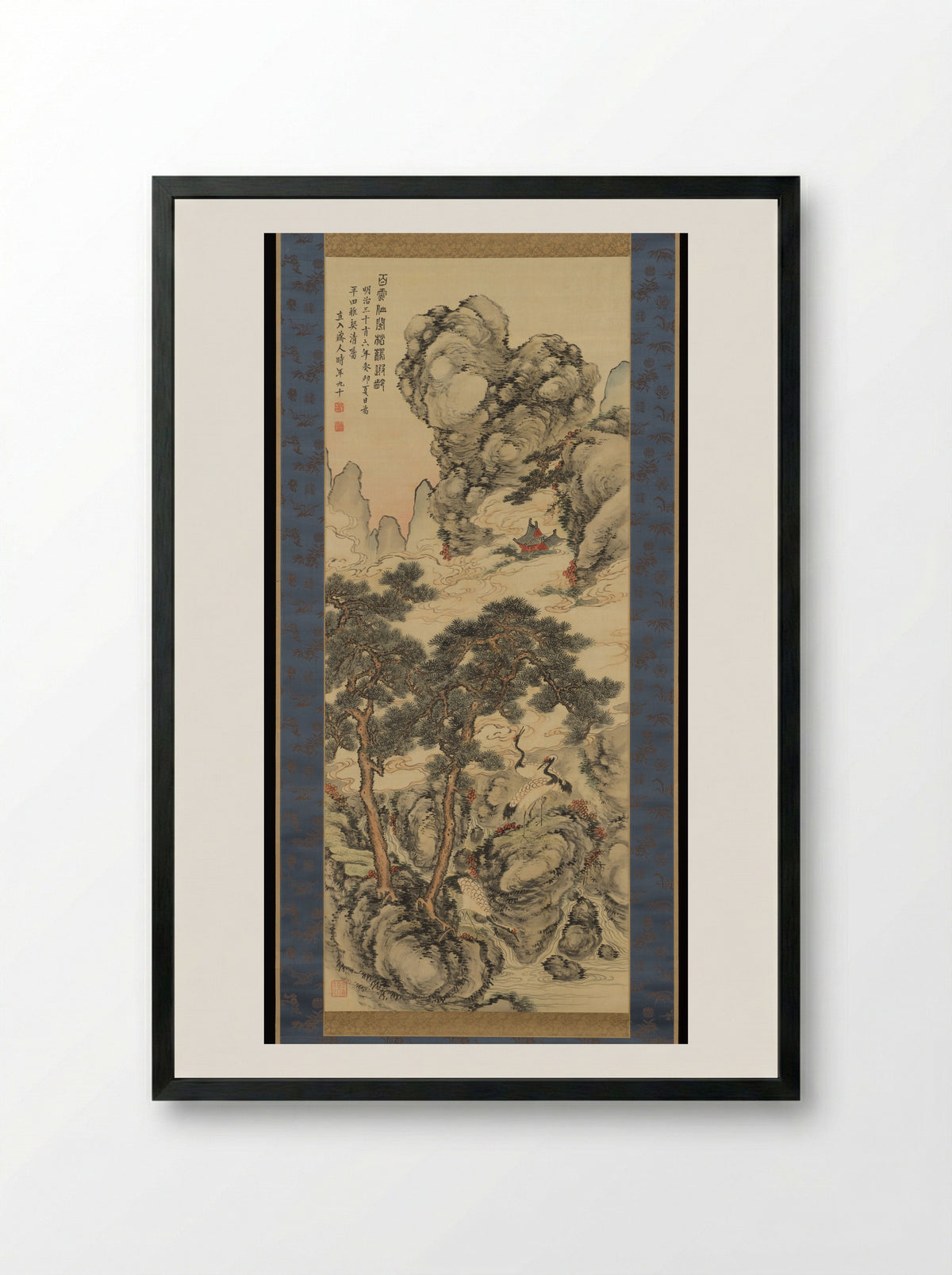 Pines and Cranes of Longevity - Tanomura Chokunyū - Framed Print Black