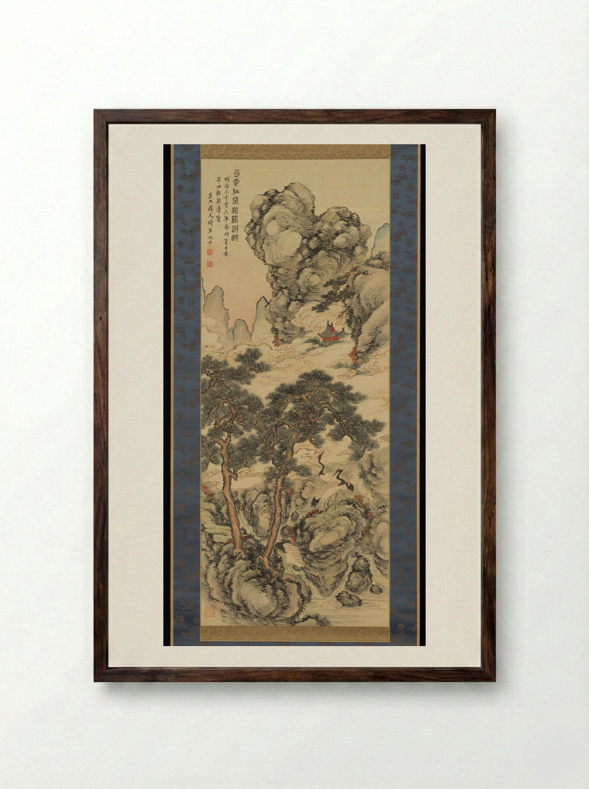 Pines and Cranes of Longevity - Tanomura Chokunyū - Framed Print Dark Wood