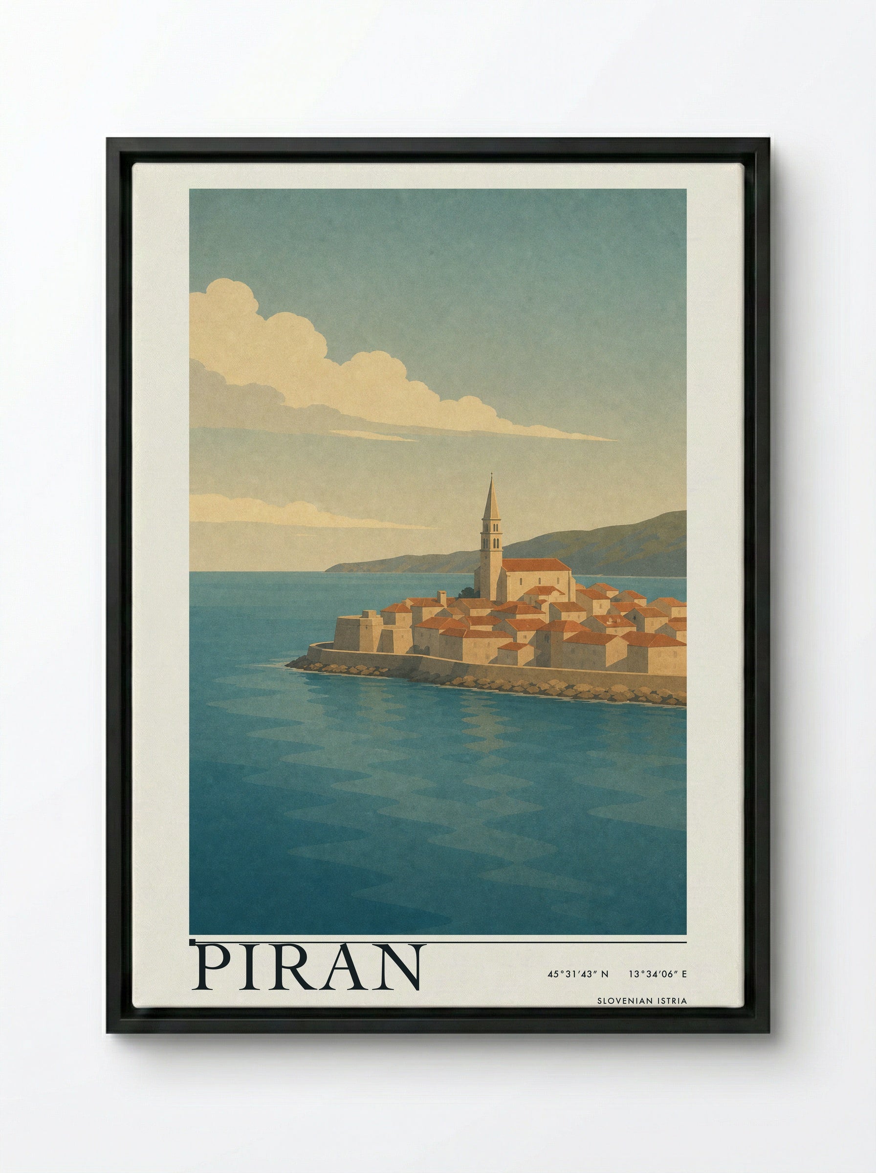 Piran Travel Poster Artwork - Framed Canvas Black