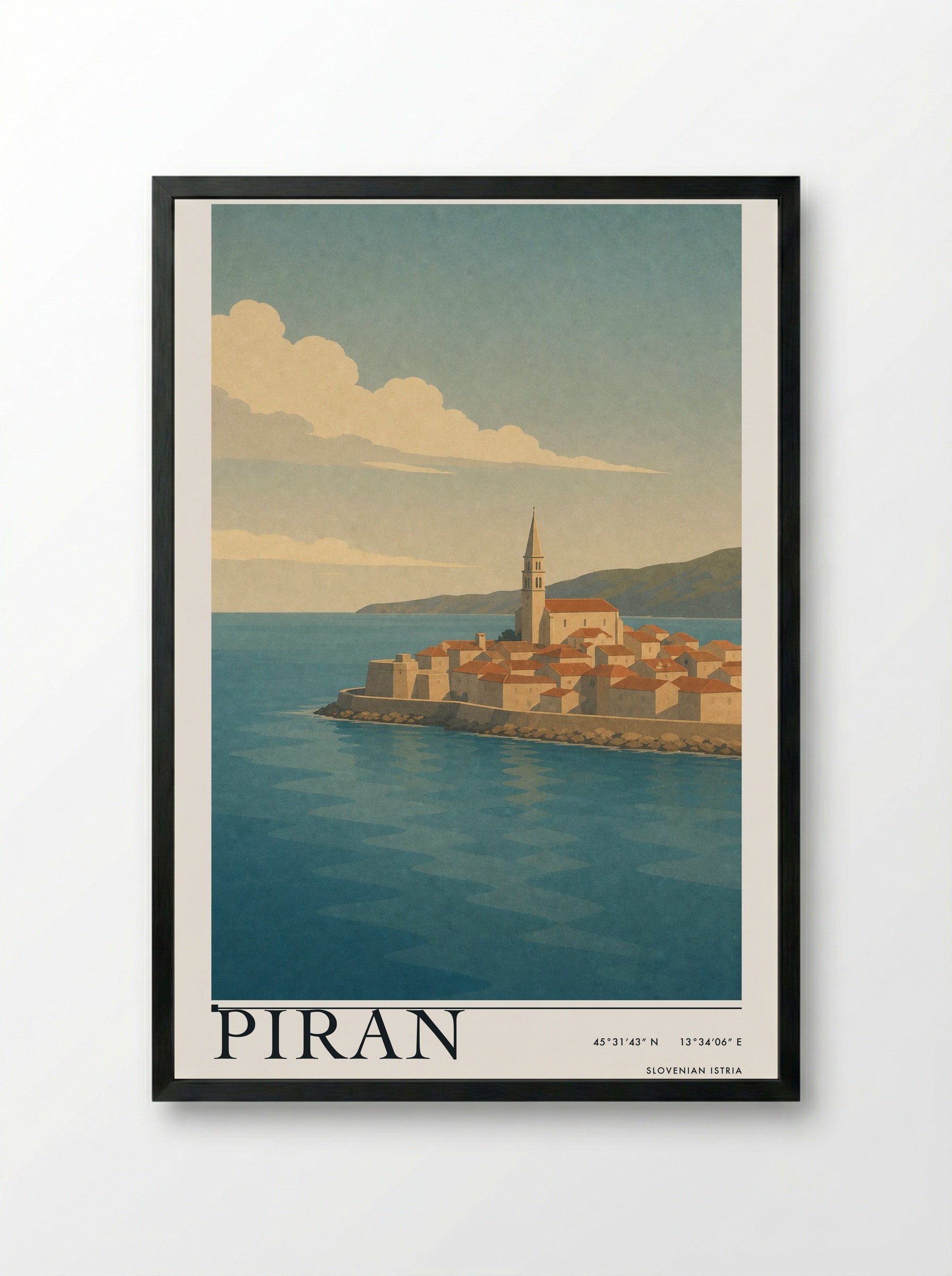 Piran Travel Poster Artwork - Framed Print Black