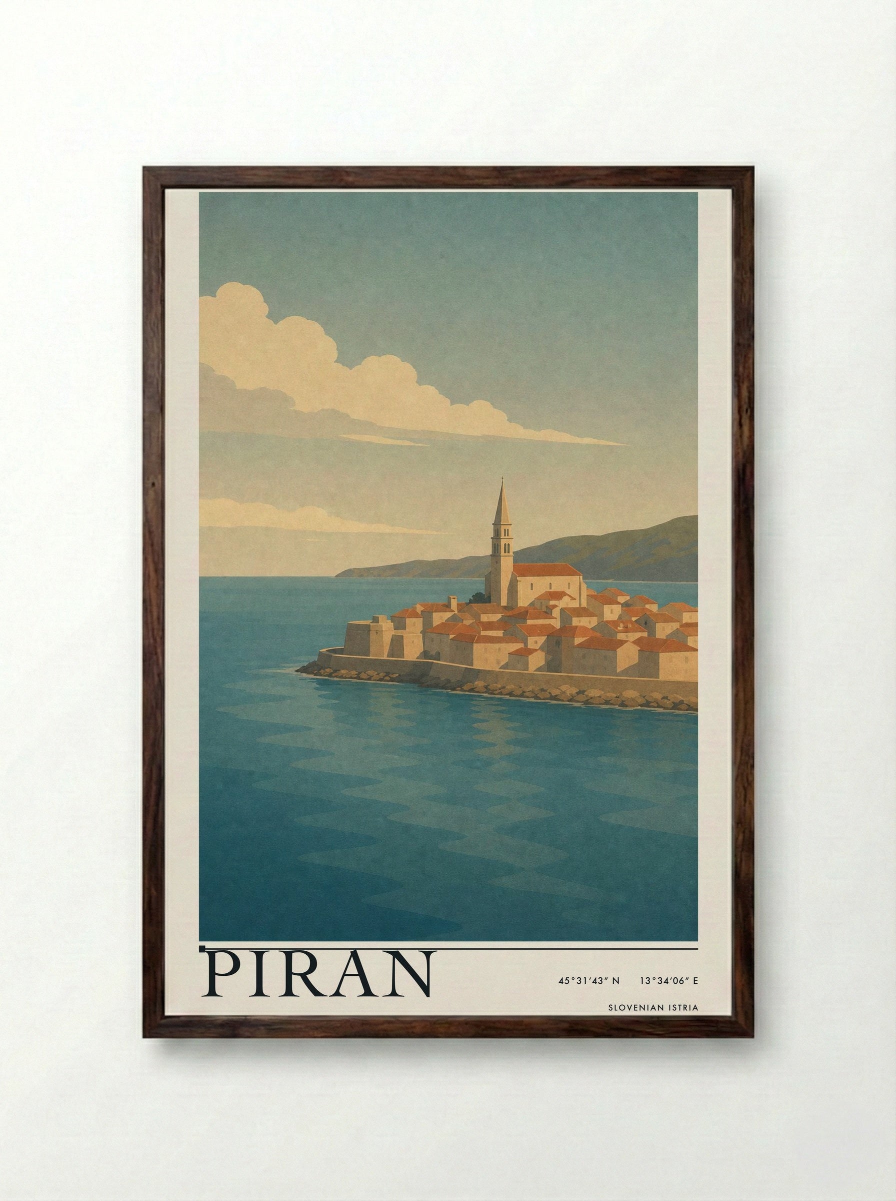 Piran Travel Poster Artwork - Framed Print Dark Wood