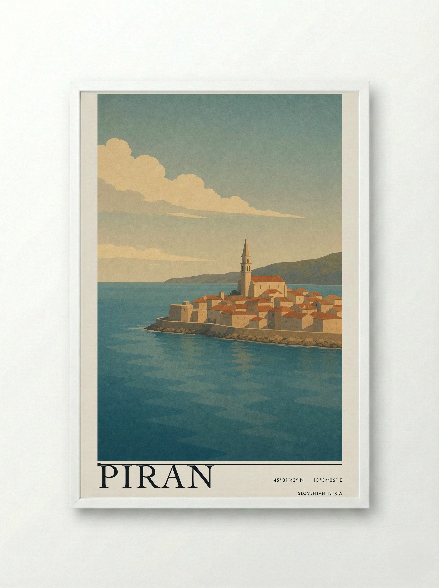 Piran Travel Poster Artwork - Framed Print White