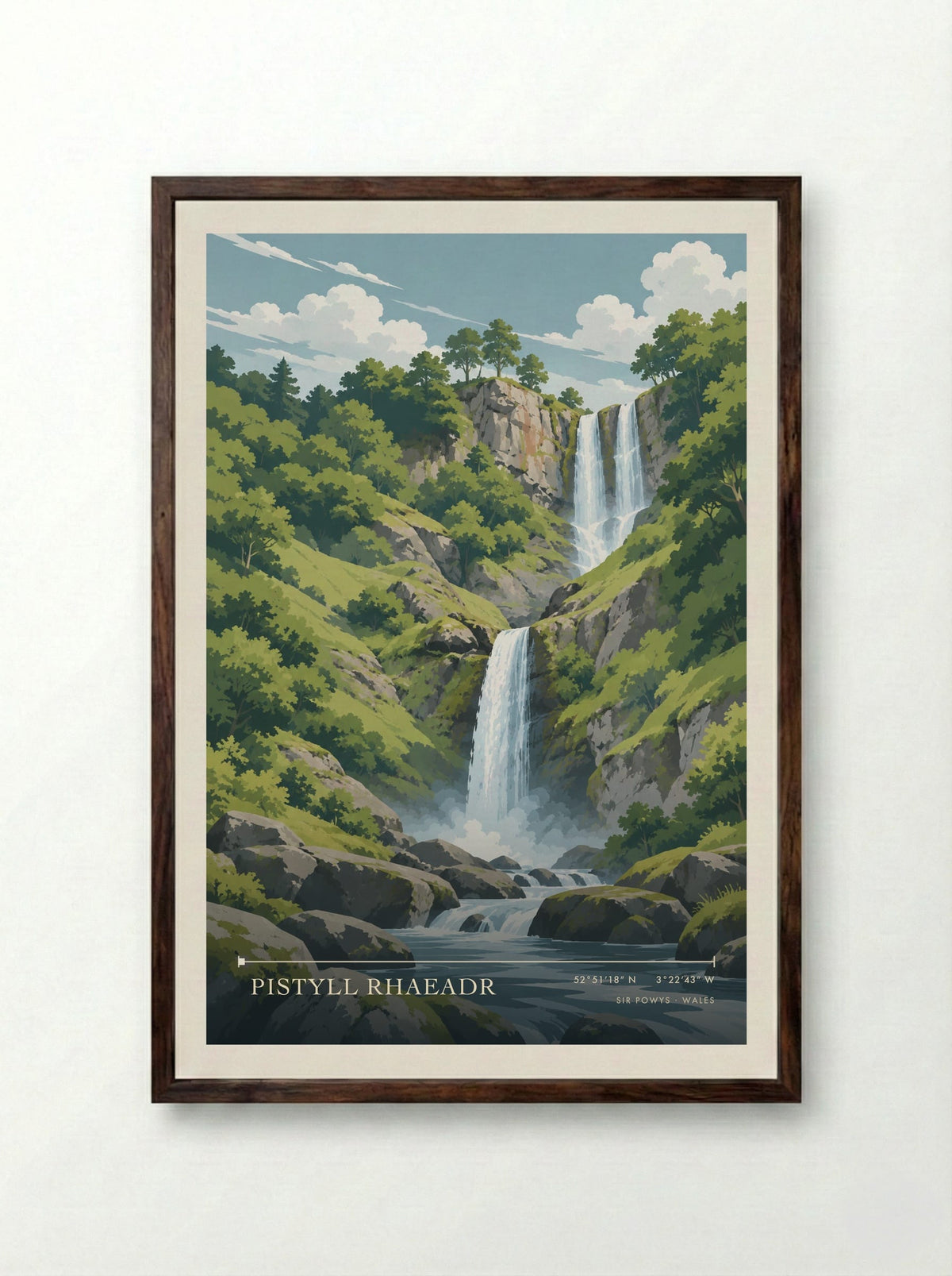 Pistyll Rhaeadr, Sir Powys | Travel Poster - Framed Print Dark Wood
