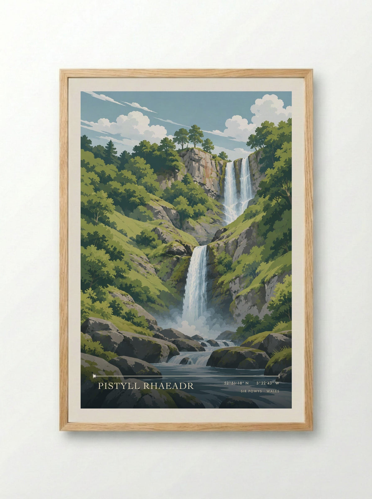 Pistyll Rhaeadr, Sir Powys | Travel Poster - Framed Print Wood