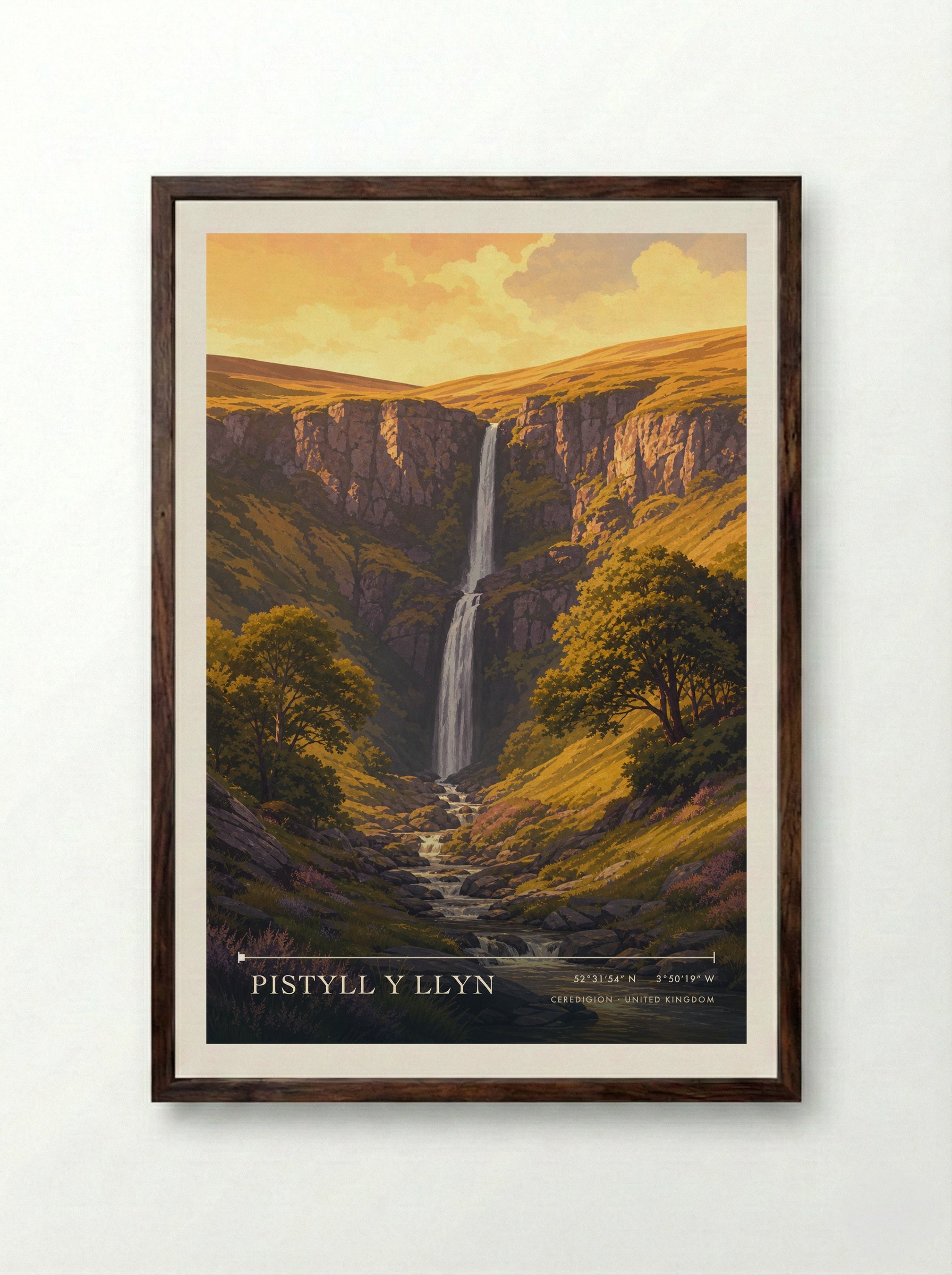 Pistyll y Llyn Ceredigion United Kingdom Travel Poster - Framed Print Dark Wood