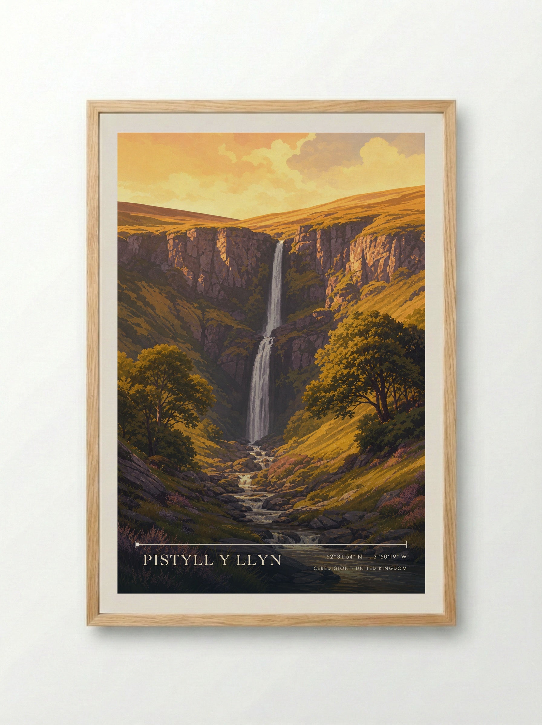 Pistyll y Llyn Ceredigion United Kingdom Travel Poster - Framed Print Wood