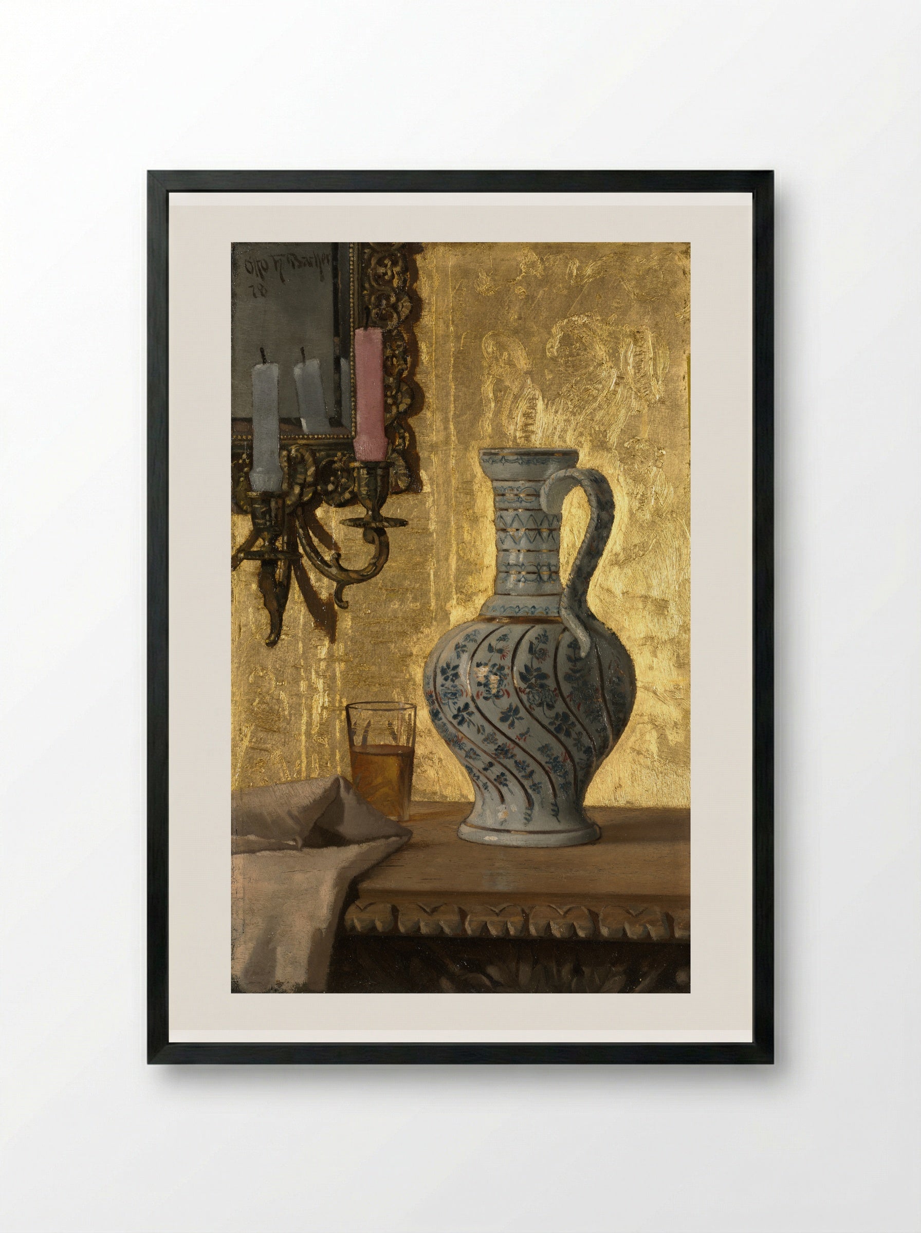 Pitcher and a Glass on a Table - Otto H. Bacher - Framed Print Black