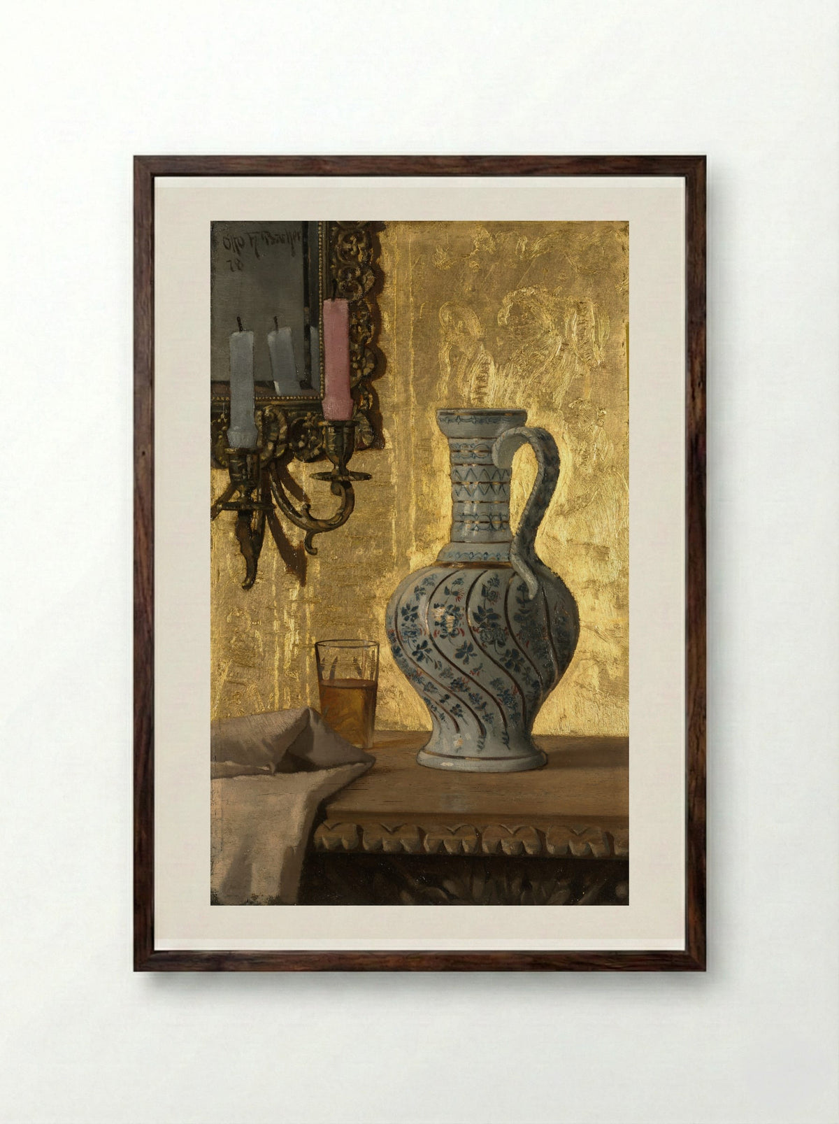 Pitcher and a Glass on a Table - Otto H. Bacher - Framed Print Dark Wood