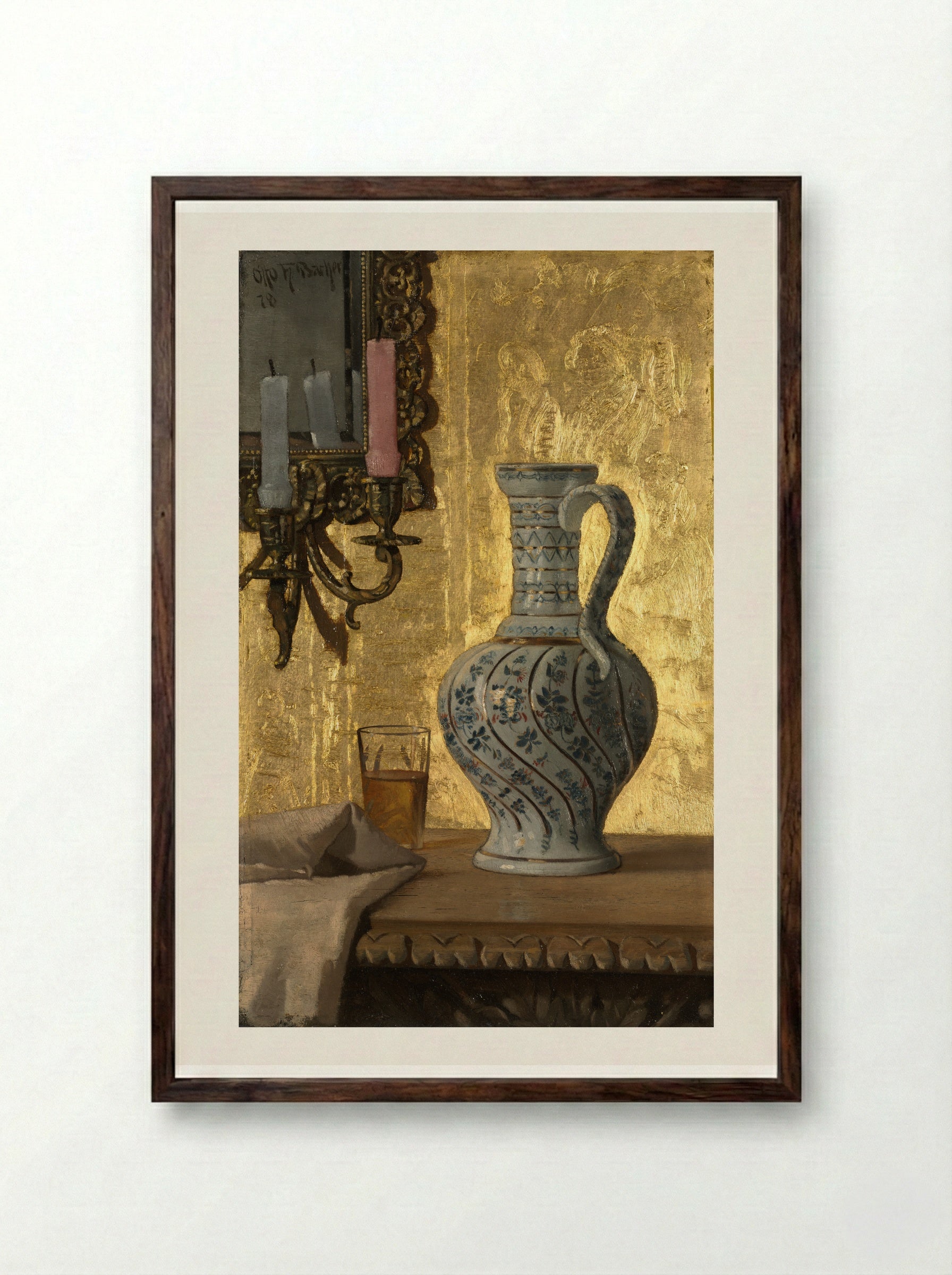 Pitcher and a Glass on a Table - Otto H. Bacher - Framed Print Dark Wood