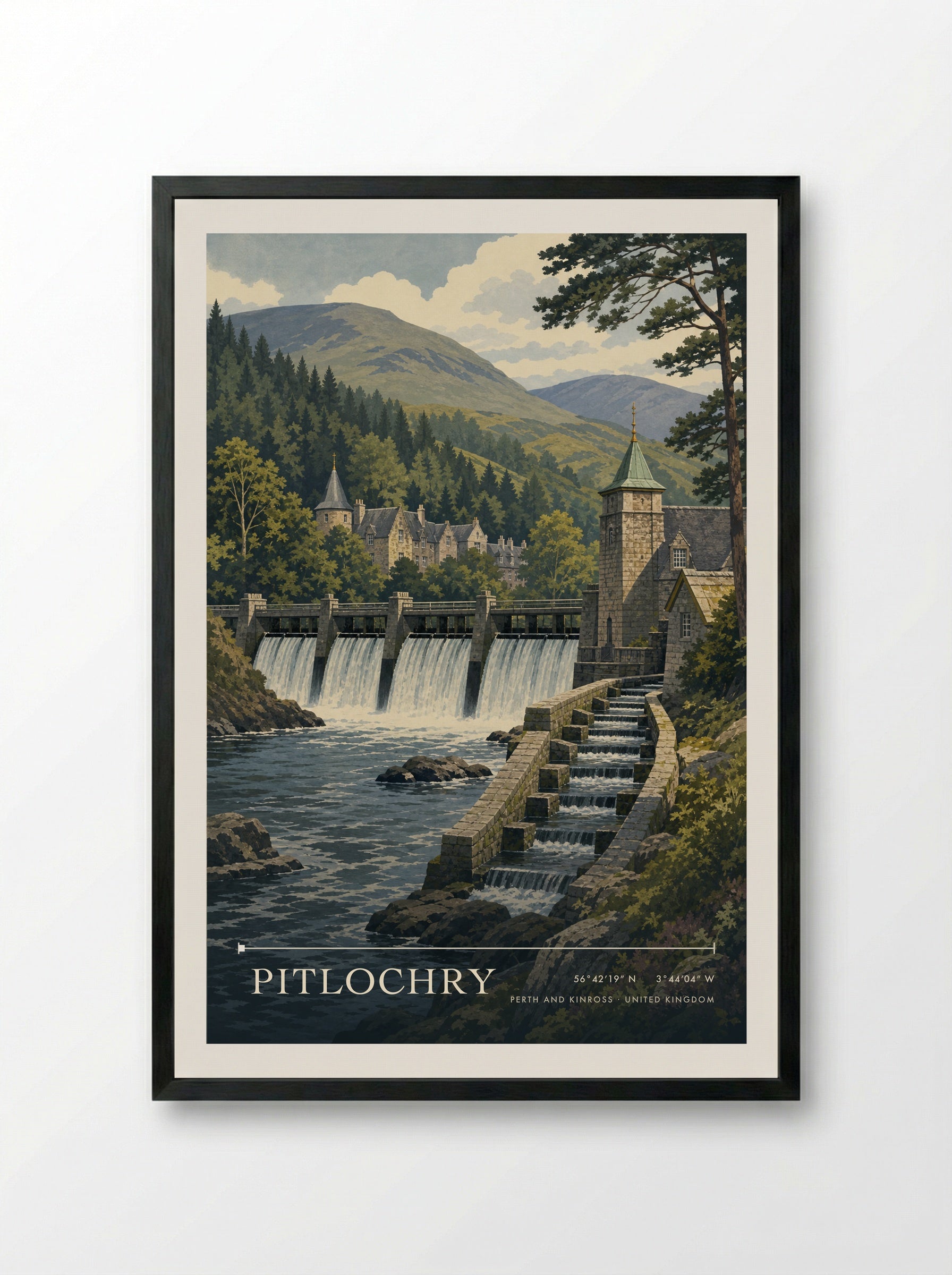 Pitlochry Perth and Kinross United Kingdom Travel Poster - Framed Print Black
