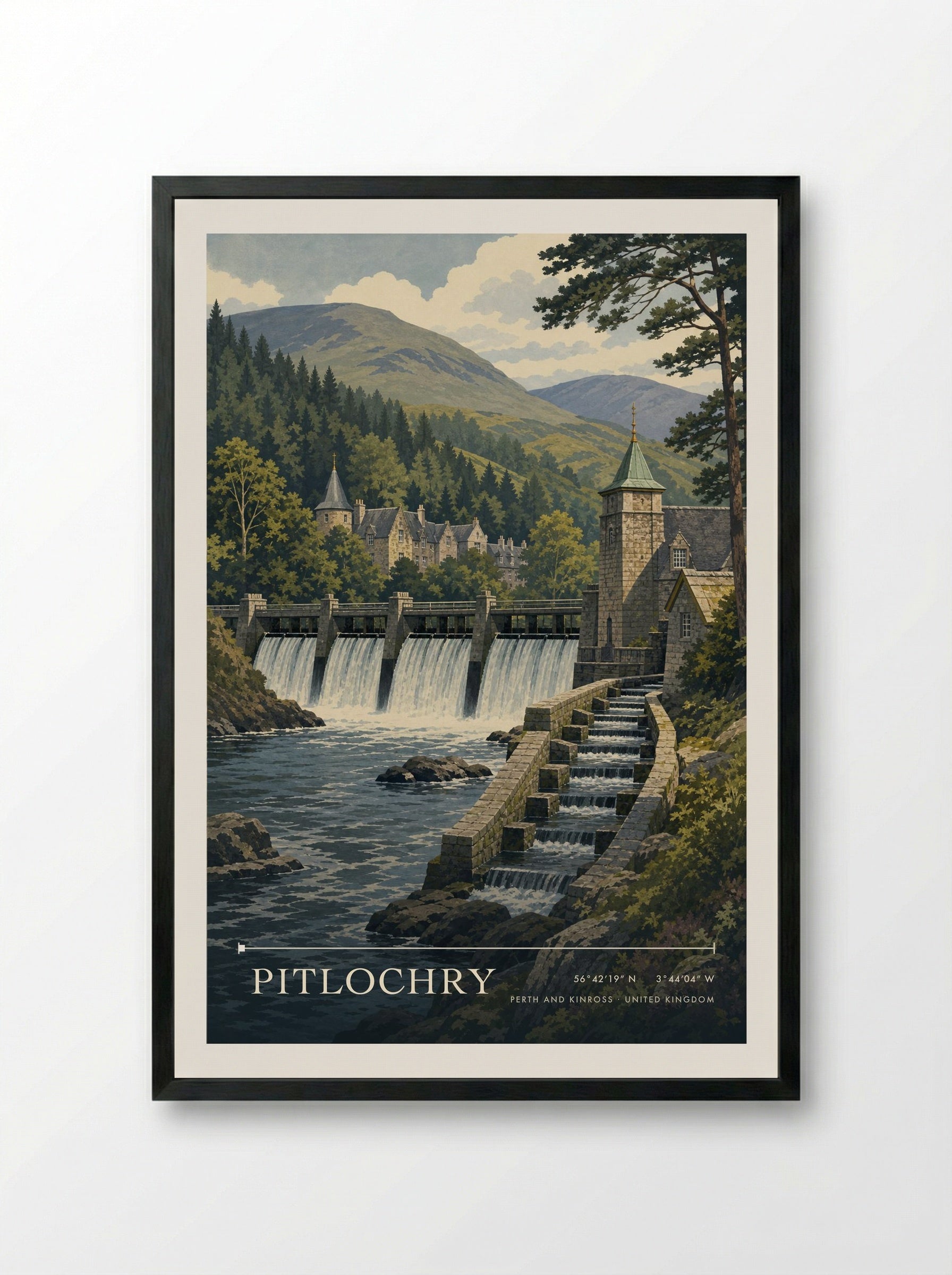 Pitlochry Perth and Kinross United Kingdom Travel Poster - Framed Print Black