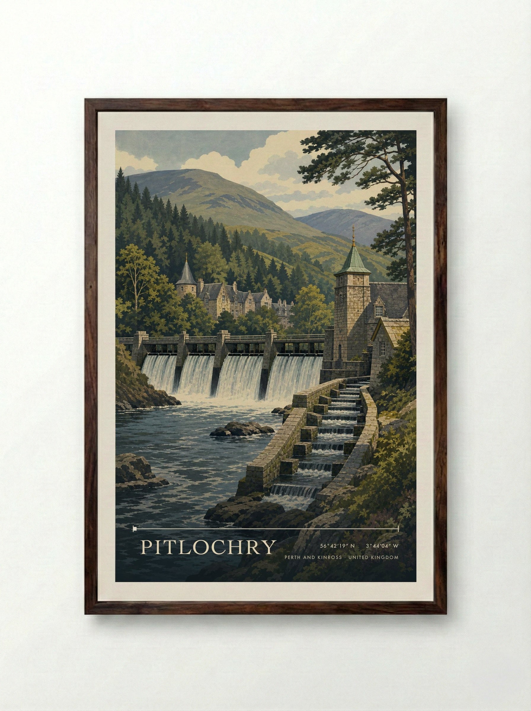 Pitlochry Perth and Kinross United Kingdom Travel Poster - Framed Print Dark Wood