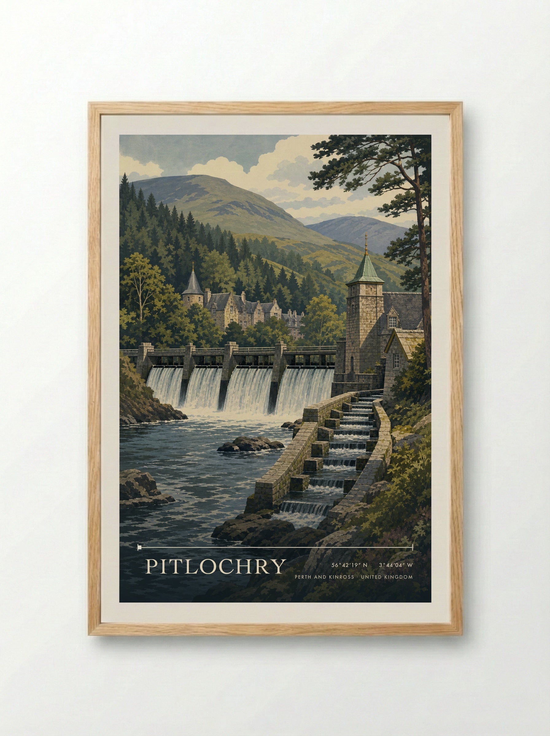 Pitlochry Perth and Kinross United Kingdom Travel Poster - Framed Print Wood