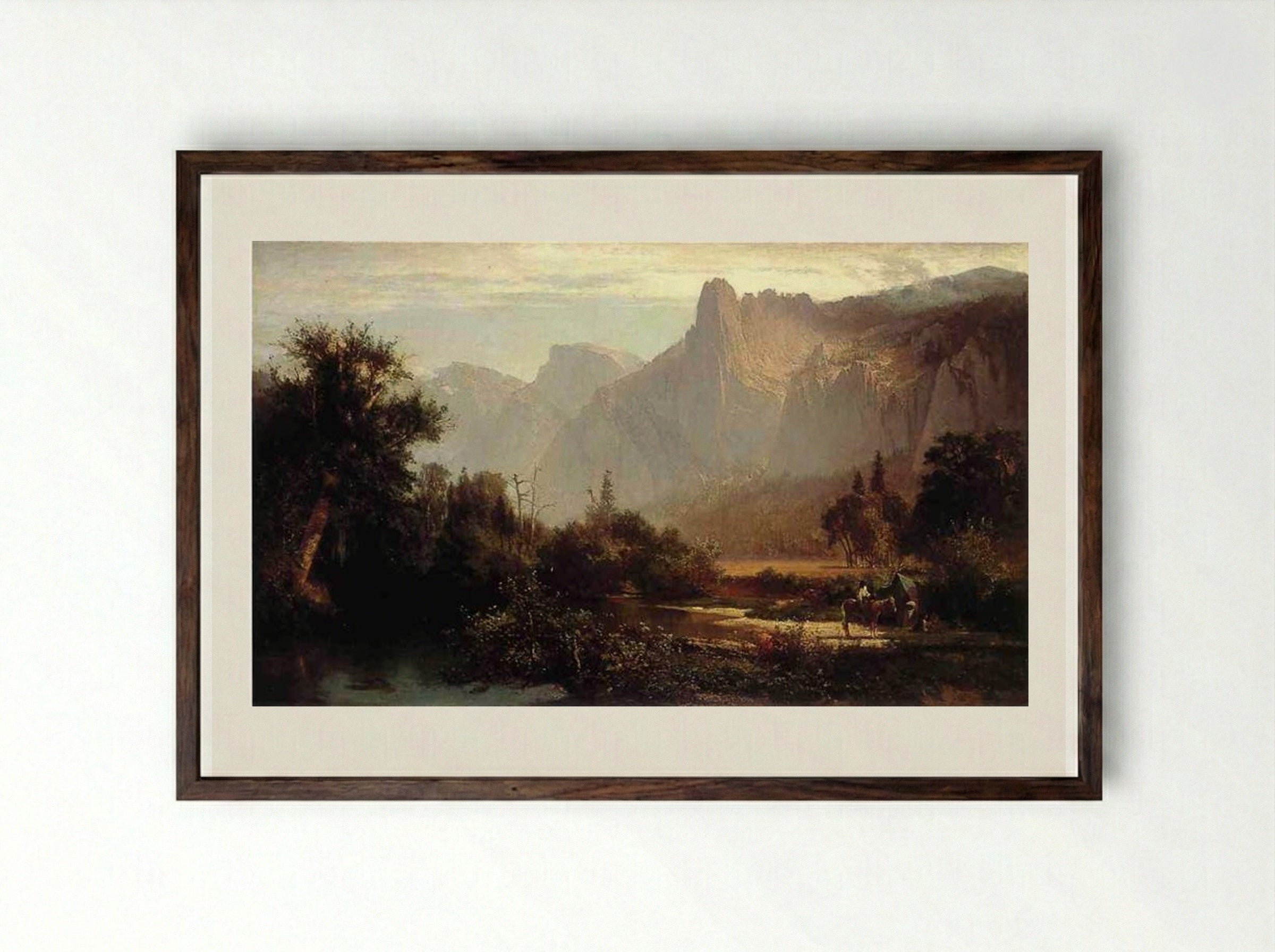 Piute Indian family in Yosemite Valley - Thomas Hill - Framed Print Dark Wood