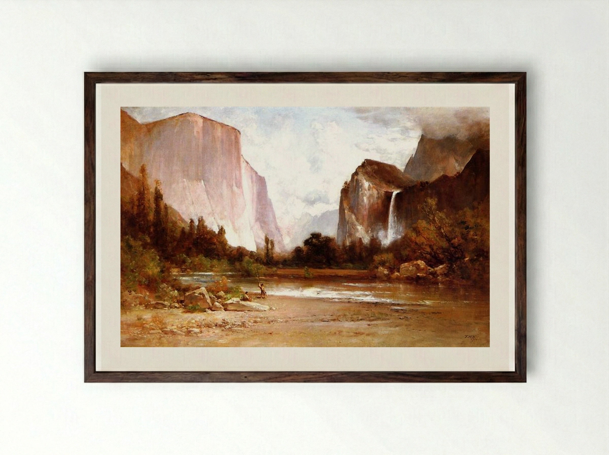 Piute Indians Fishing in Yosemite - Thomas Hill - Framed Print Dark Wood