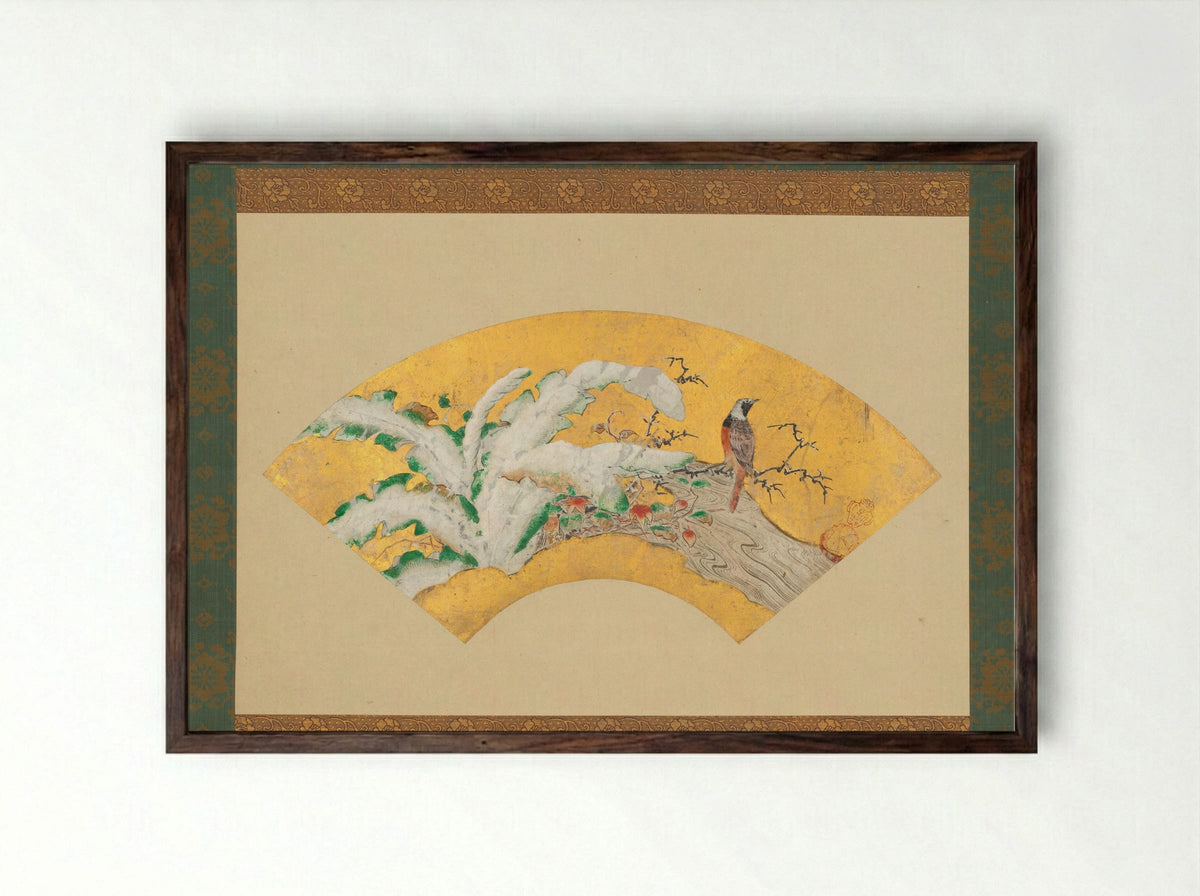 Plantain and Bird in Snow - Kano Sōshū - Framed Print Dark Wood