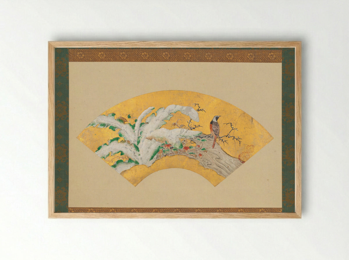 Plantain and Bird in Snow - Kano Sōshū - Framed Print Wood