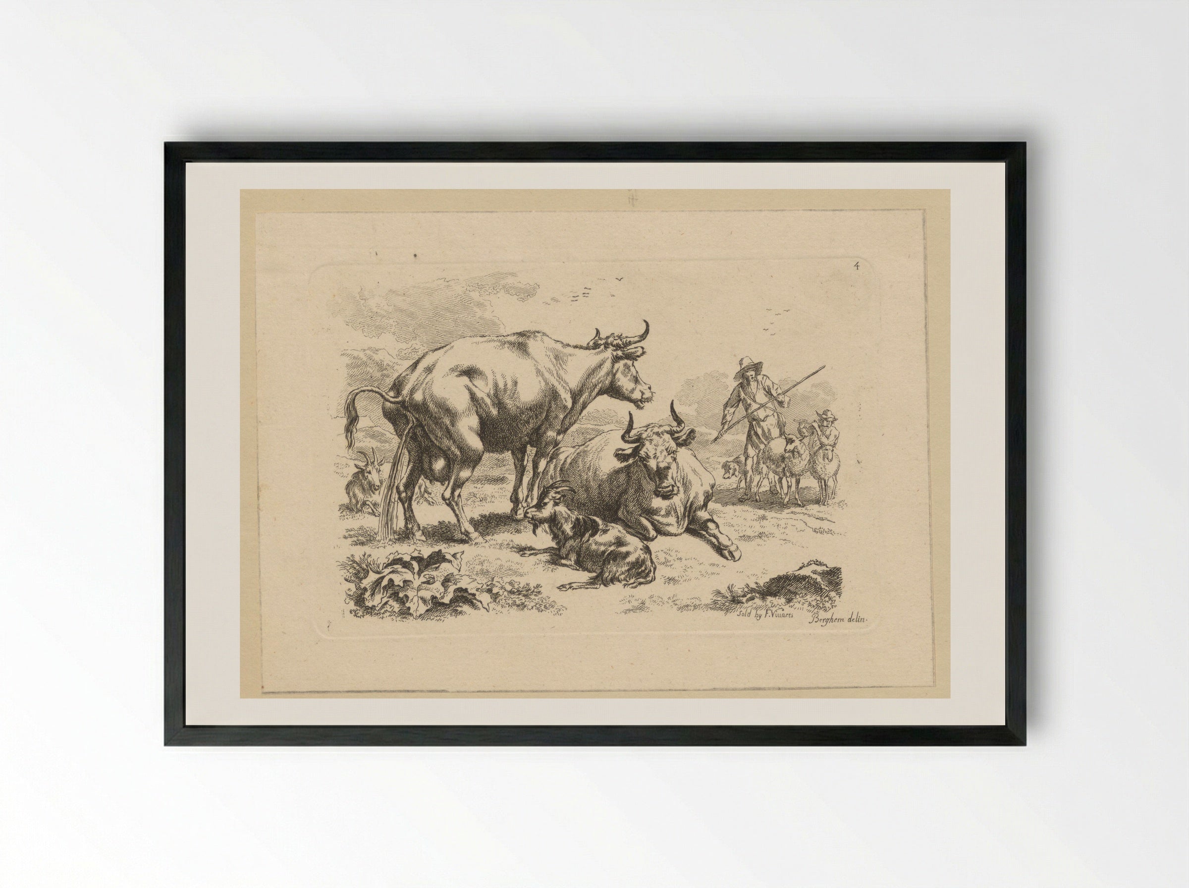 Plassende koe, een liggende koe, geiten en herders met schapen - François Vivares - Framed Print Black