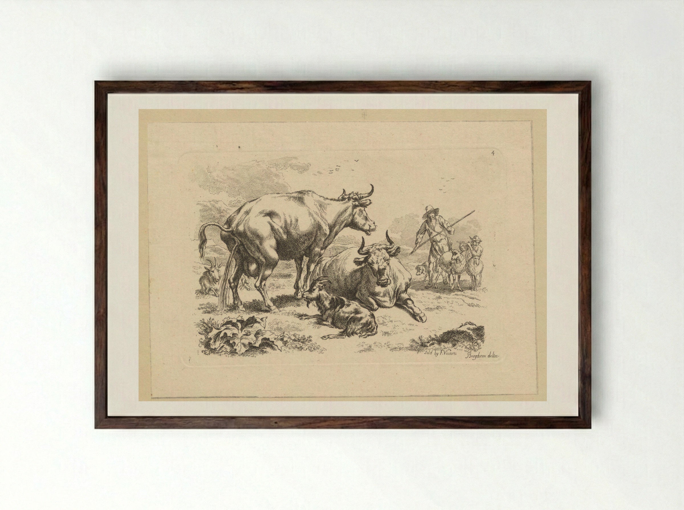Plassende koe, een liggende koe, geiten en herders met schapen - François Vivares - Framed Print Dark Wood