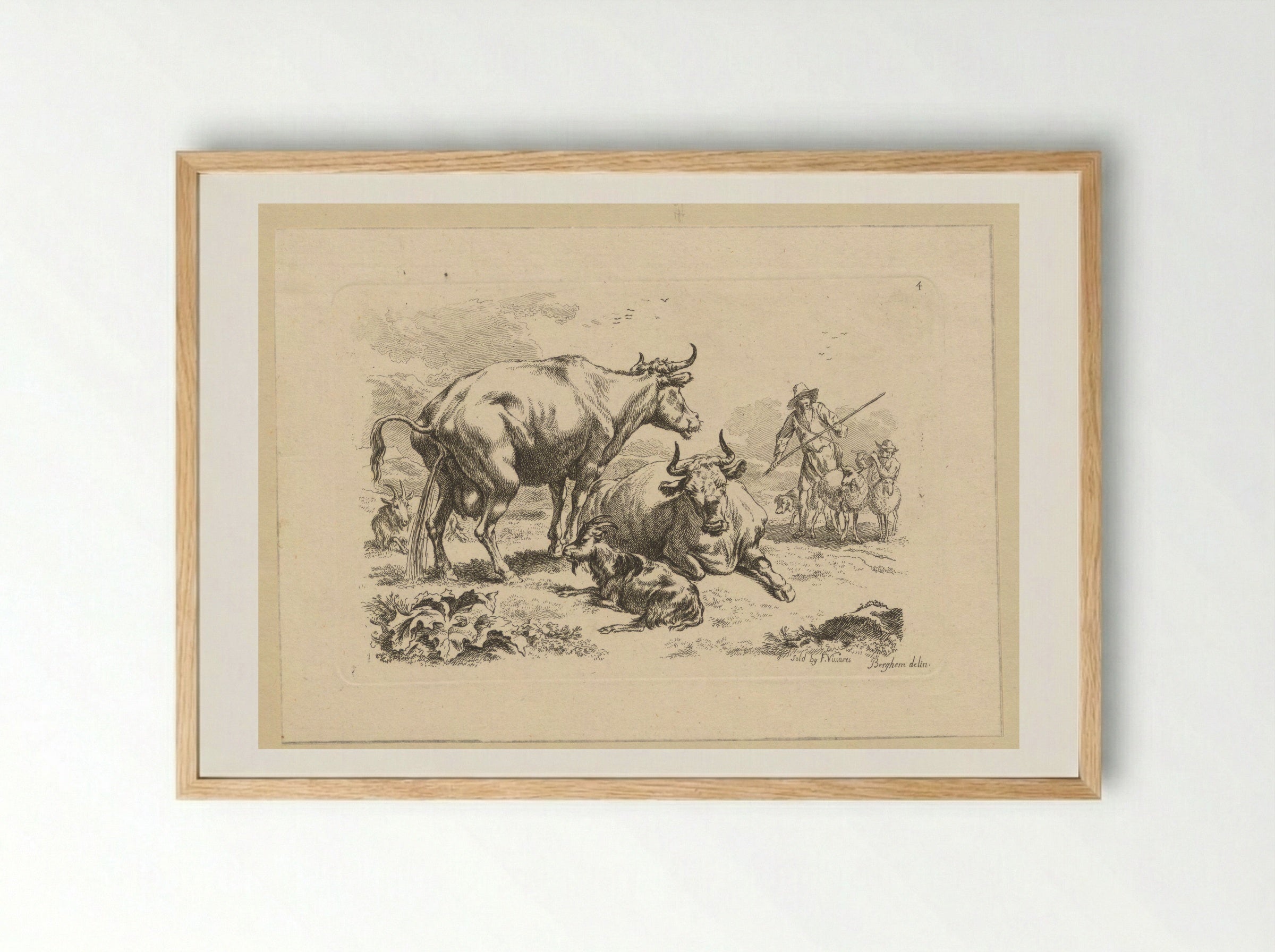 Plassende koe, een liggende koe, geiten en herders met schapen - François Vivares - Framed Print Wood