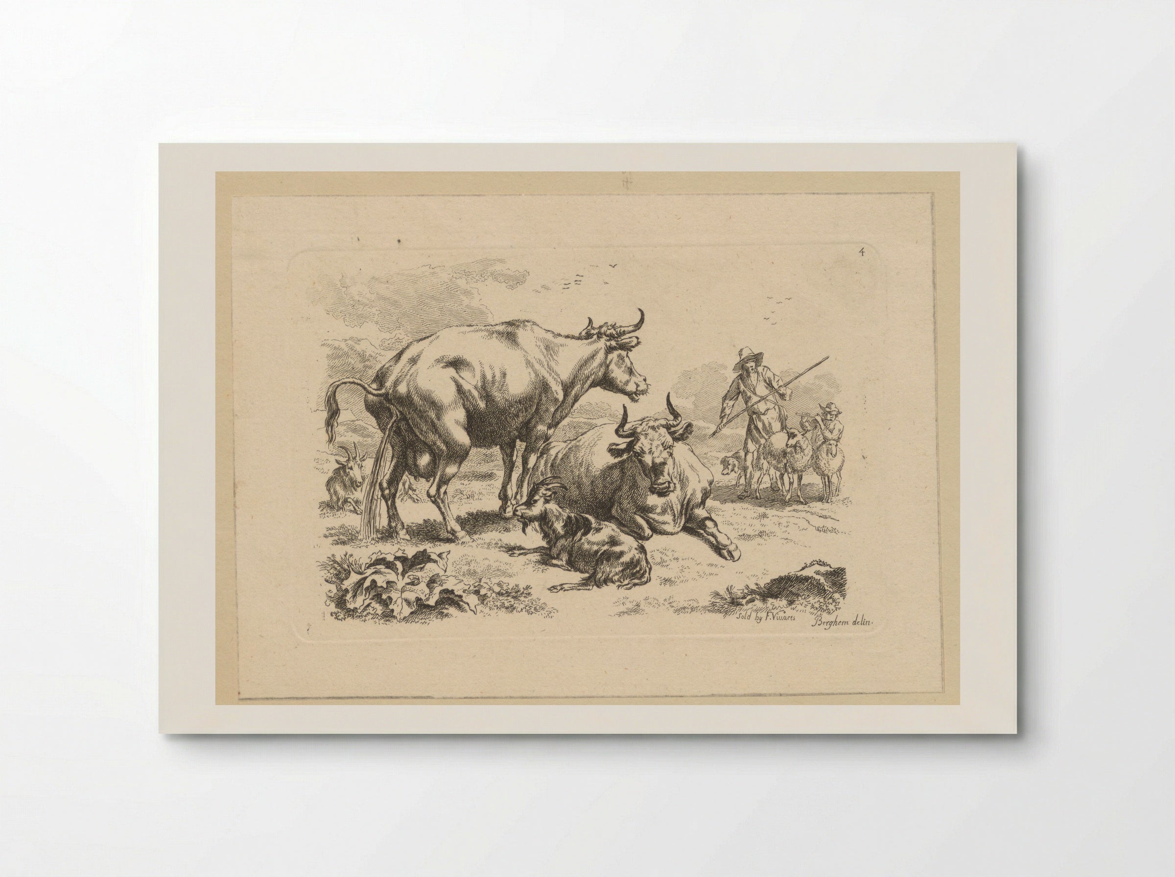 Plassende koe, een liggende koe, geiten en herders met schapen - François Vivares - Poster
