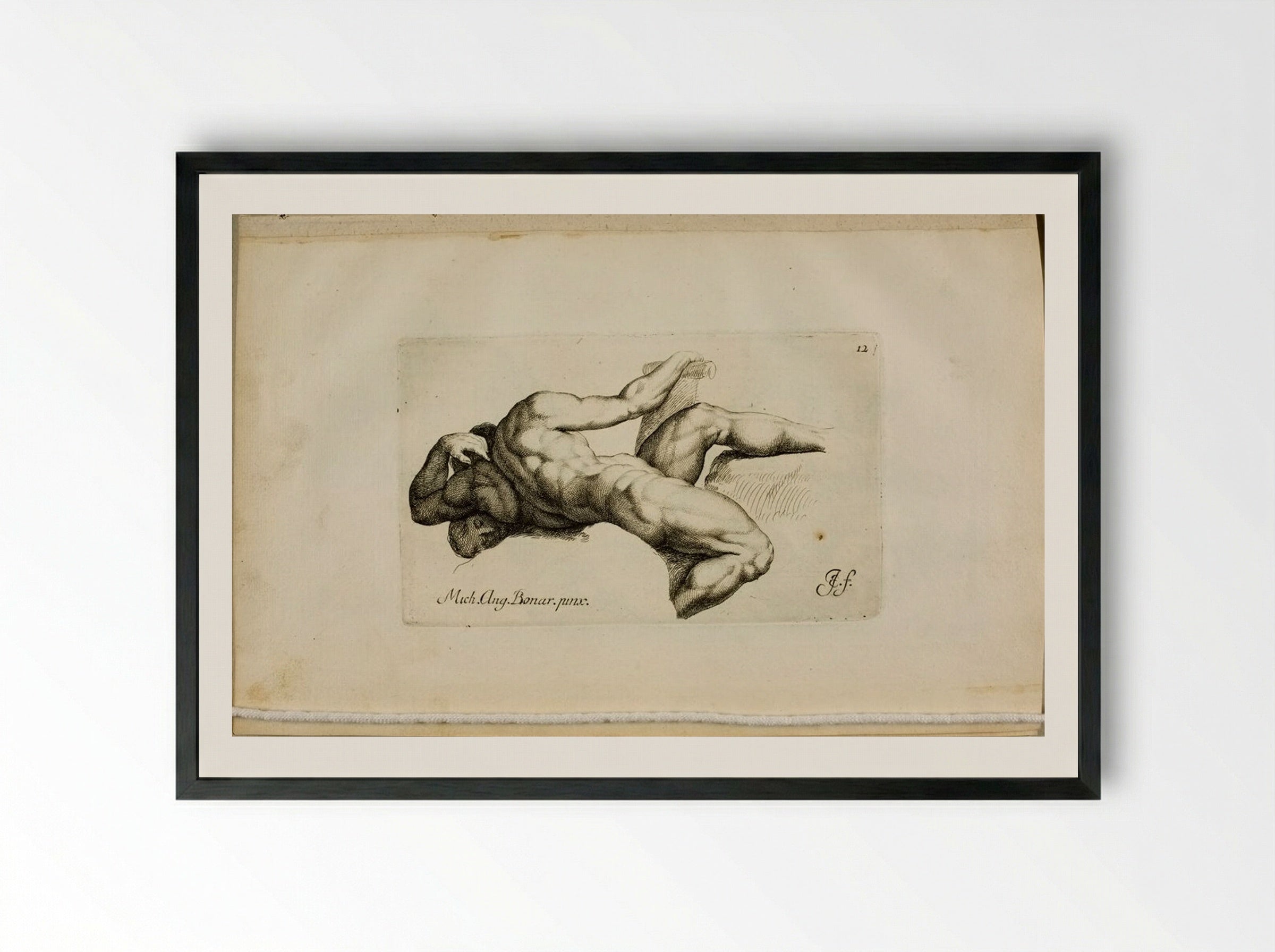 Plate 12: Male Nude, Lying on his Left Side, Seen from the Back, His Hand on a Tiller - Jan de Bisschop - Framed Print Black