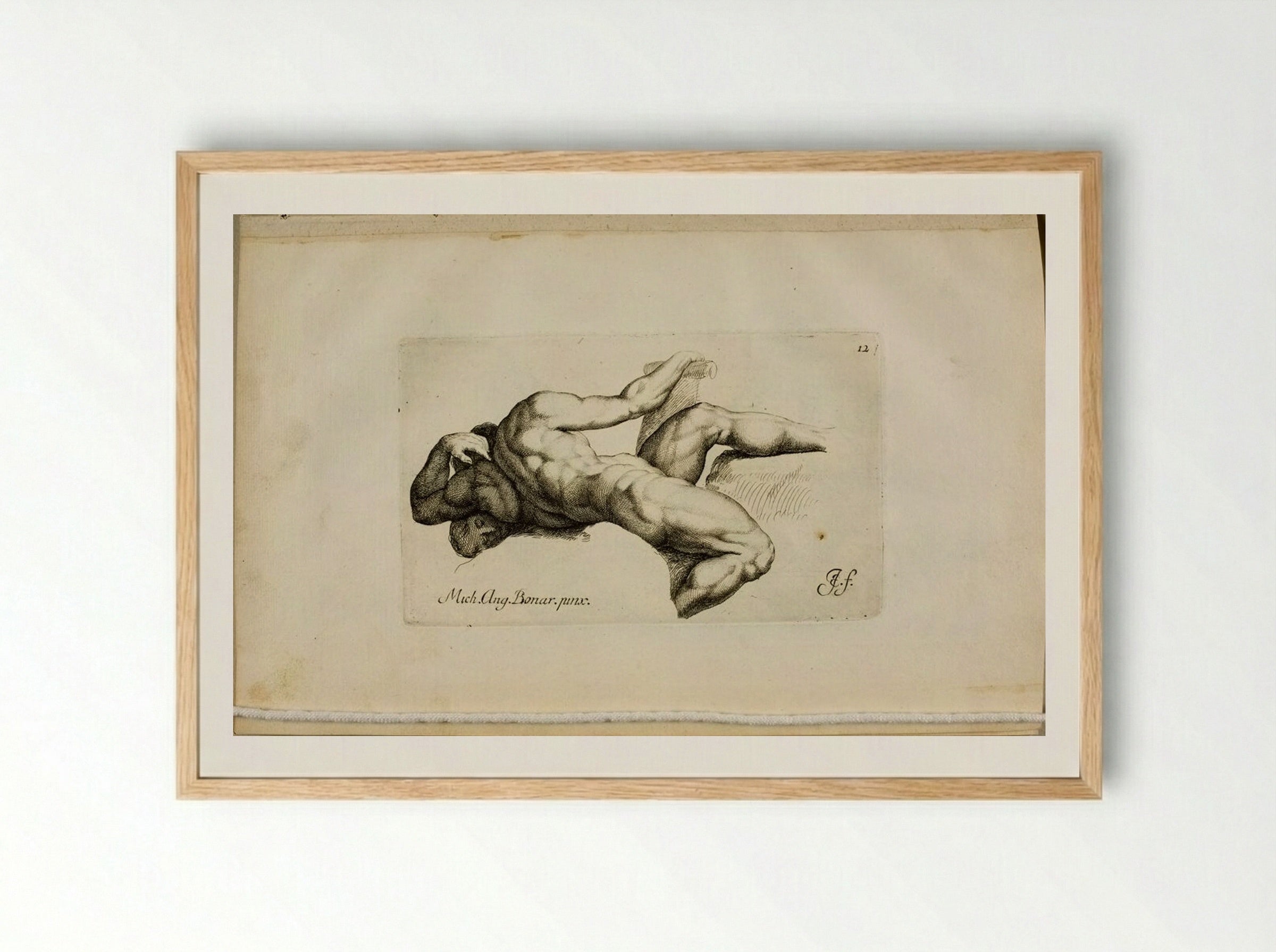 Plate 12: Male Nude, Lying on his Left Side, Seen from the Back, His Hand on a Tiller - Jan de Bisschop - Framed Print Wood