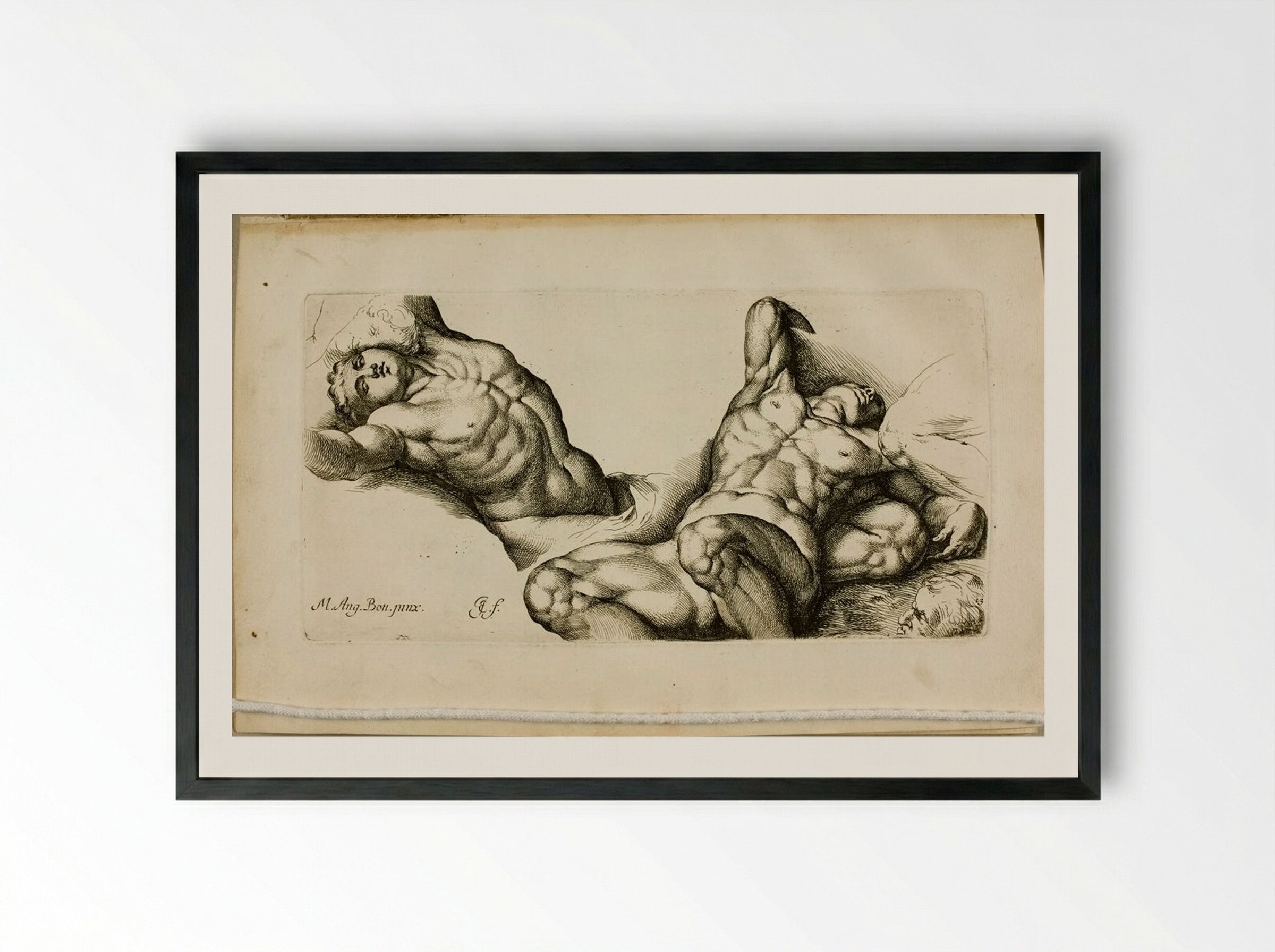 Plate 13: Two Male Nudes Lying on their Backs - Jan de Bisschop - Framed Print Black