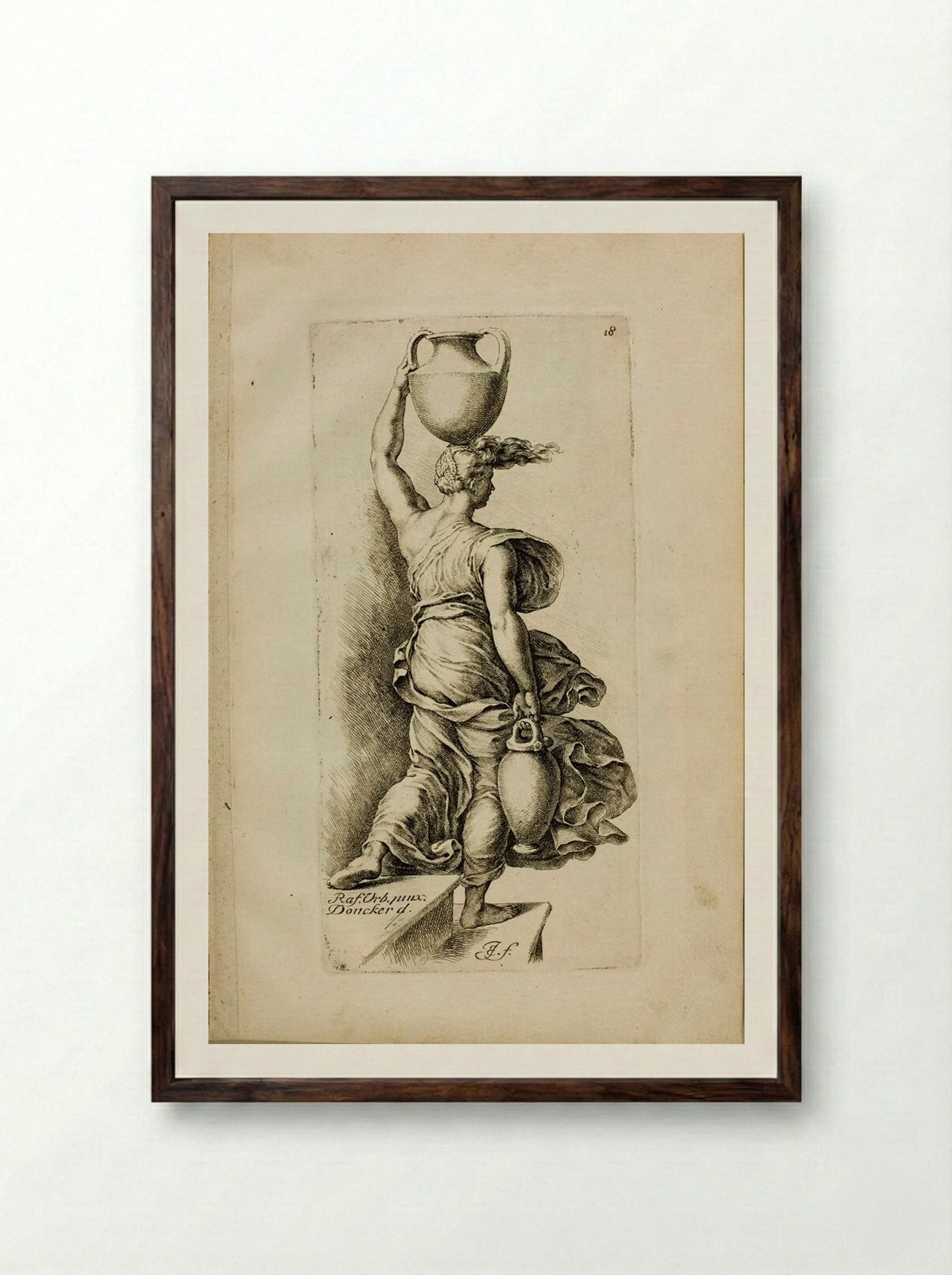 Plate 18: Girl Carrying Water - Jan de Bisschop - Framed Print Dark Wood